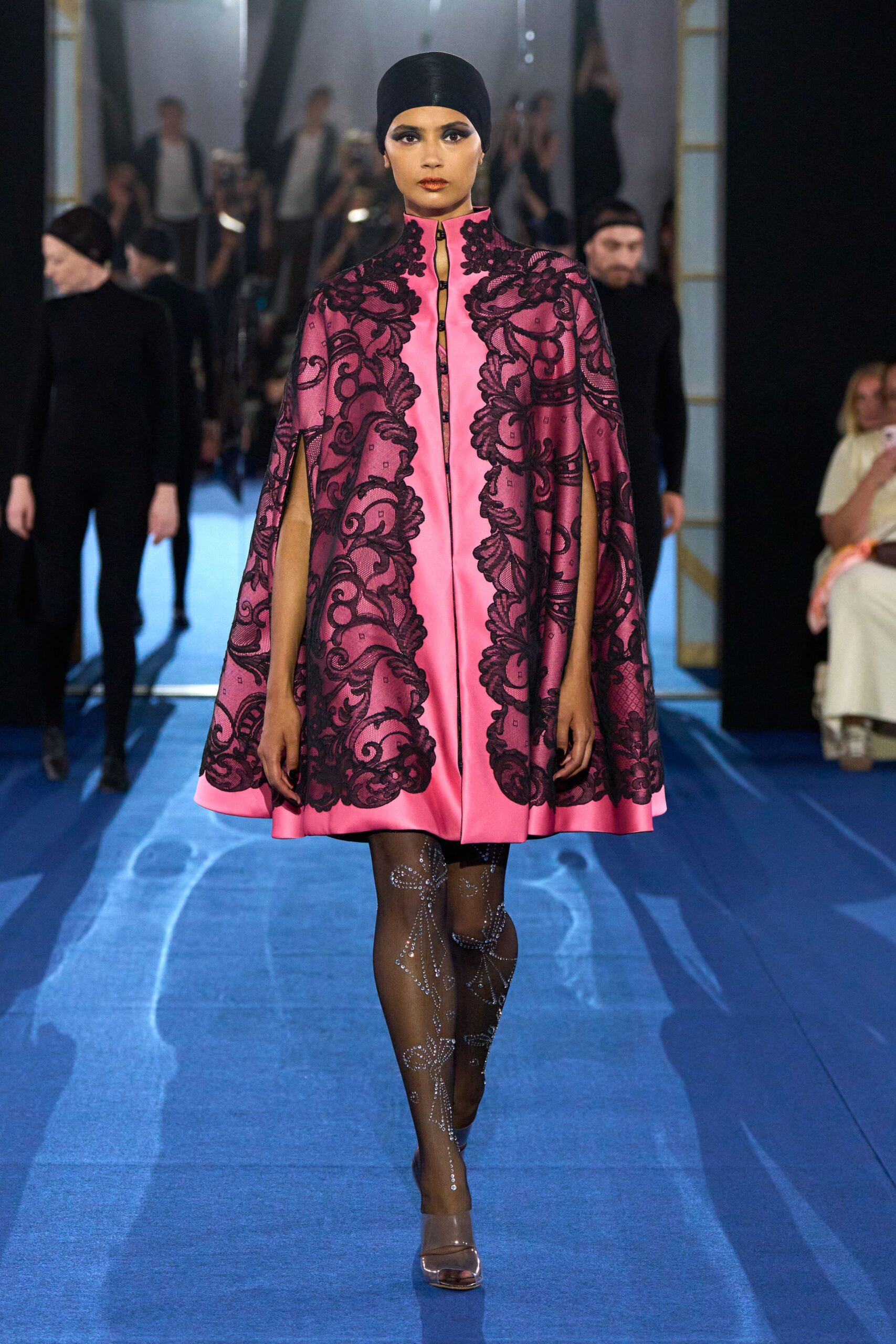 pink embroidered cape with dress