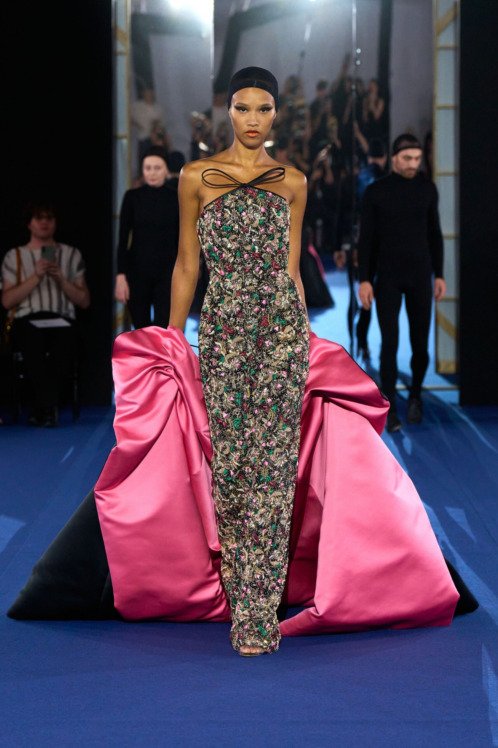 floral maxi gown with pink layers