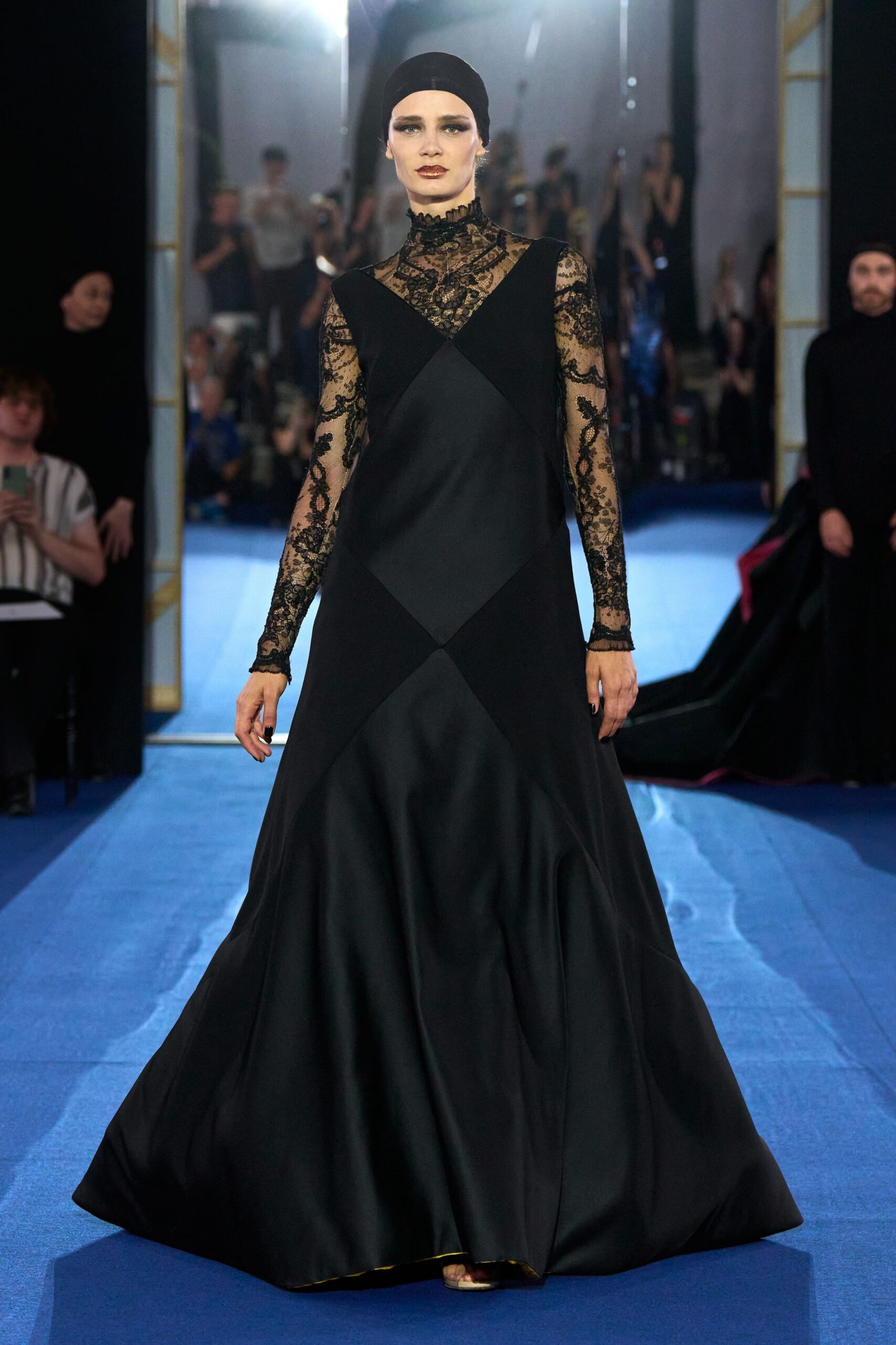 black embroidered long-sleeve gown