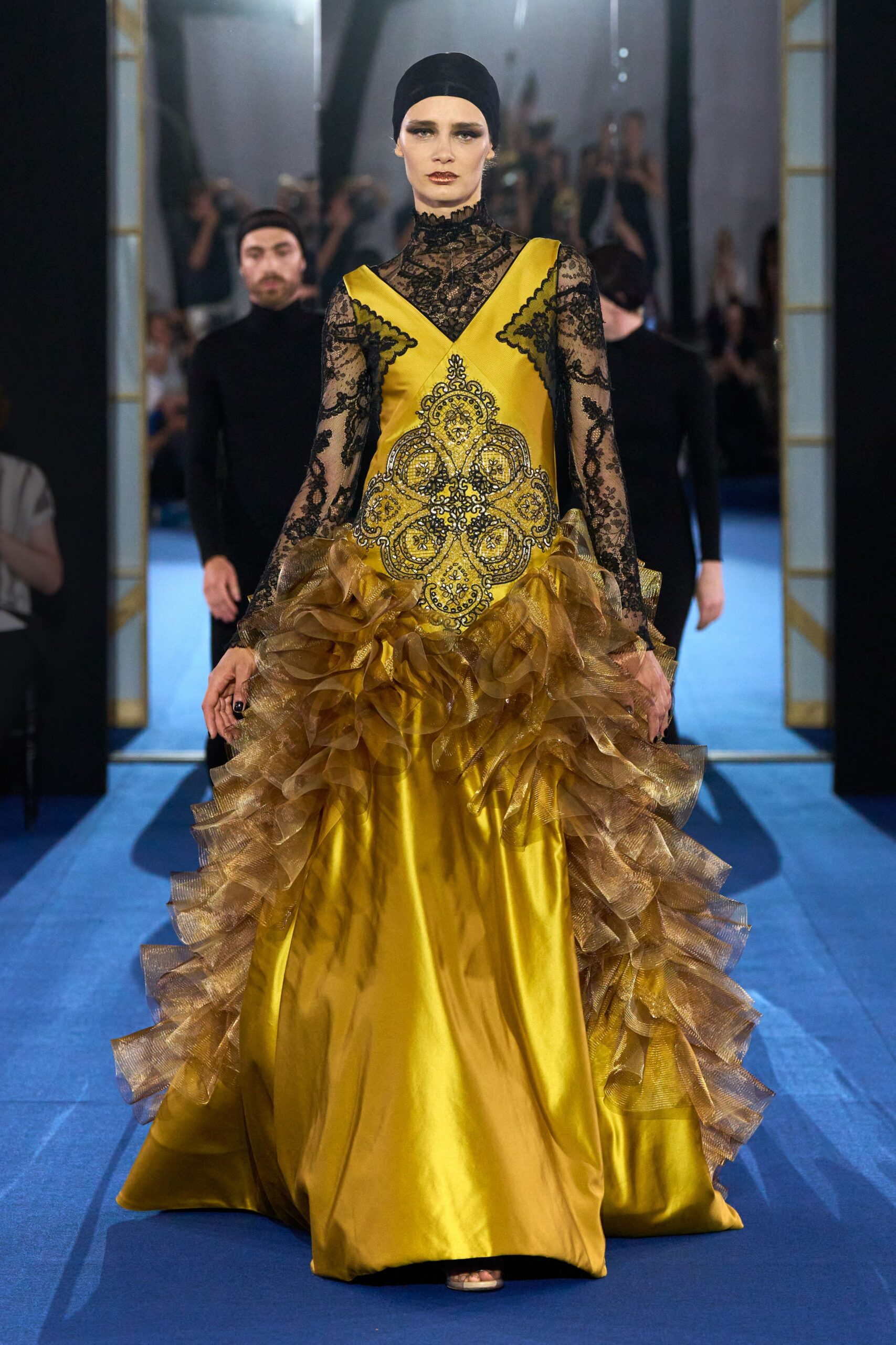 yellow and black embroidered gown