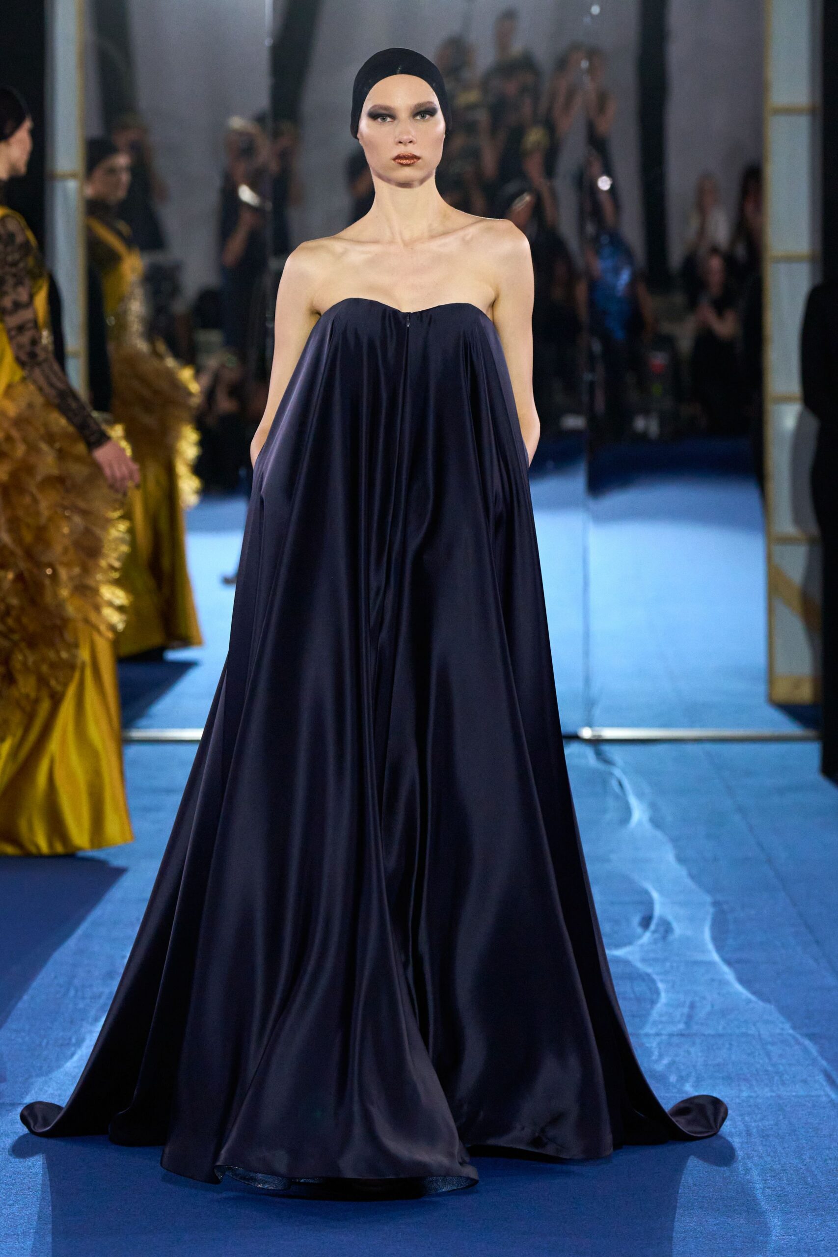 navy silk strapless gown