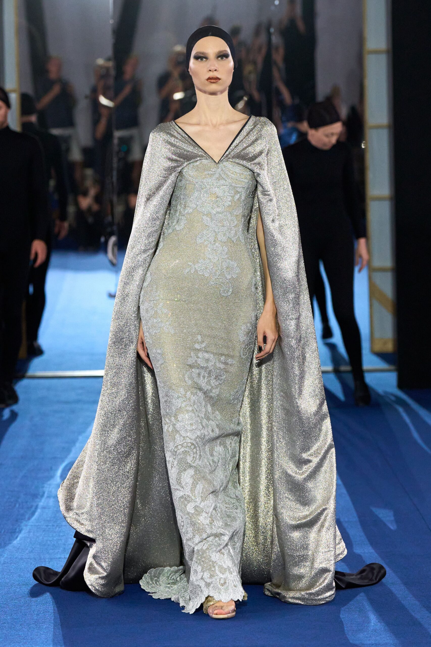 silver embellished gown with cape