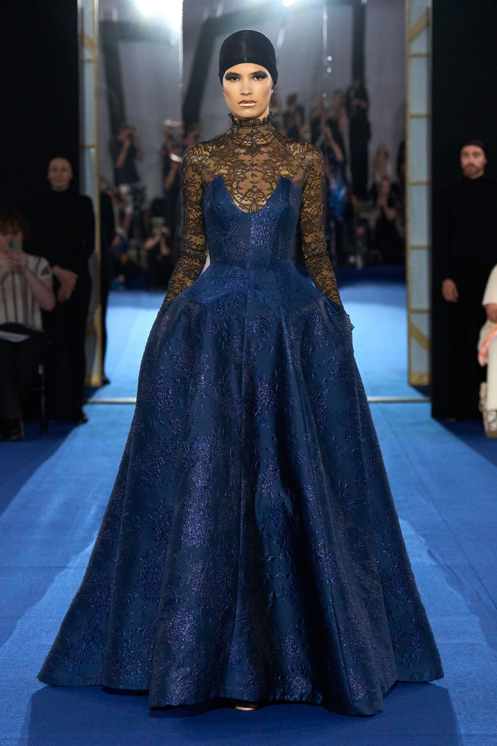 blue silk long-sleeve gown