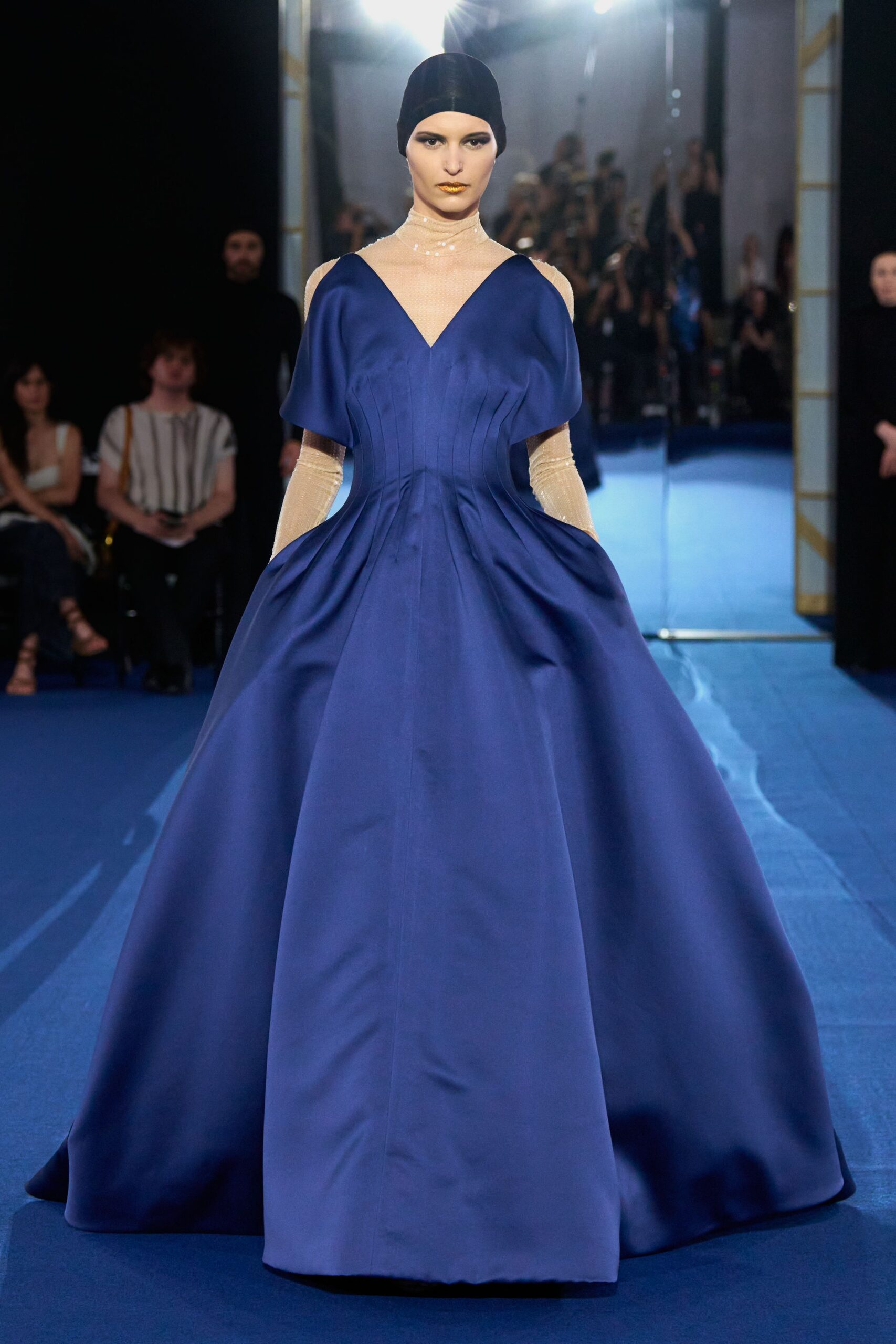 blue silk sleeveless gown