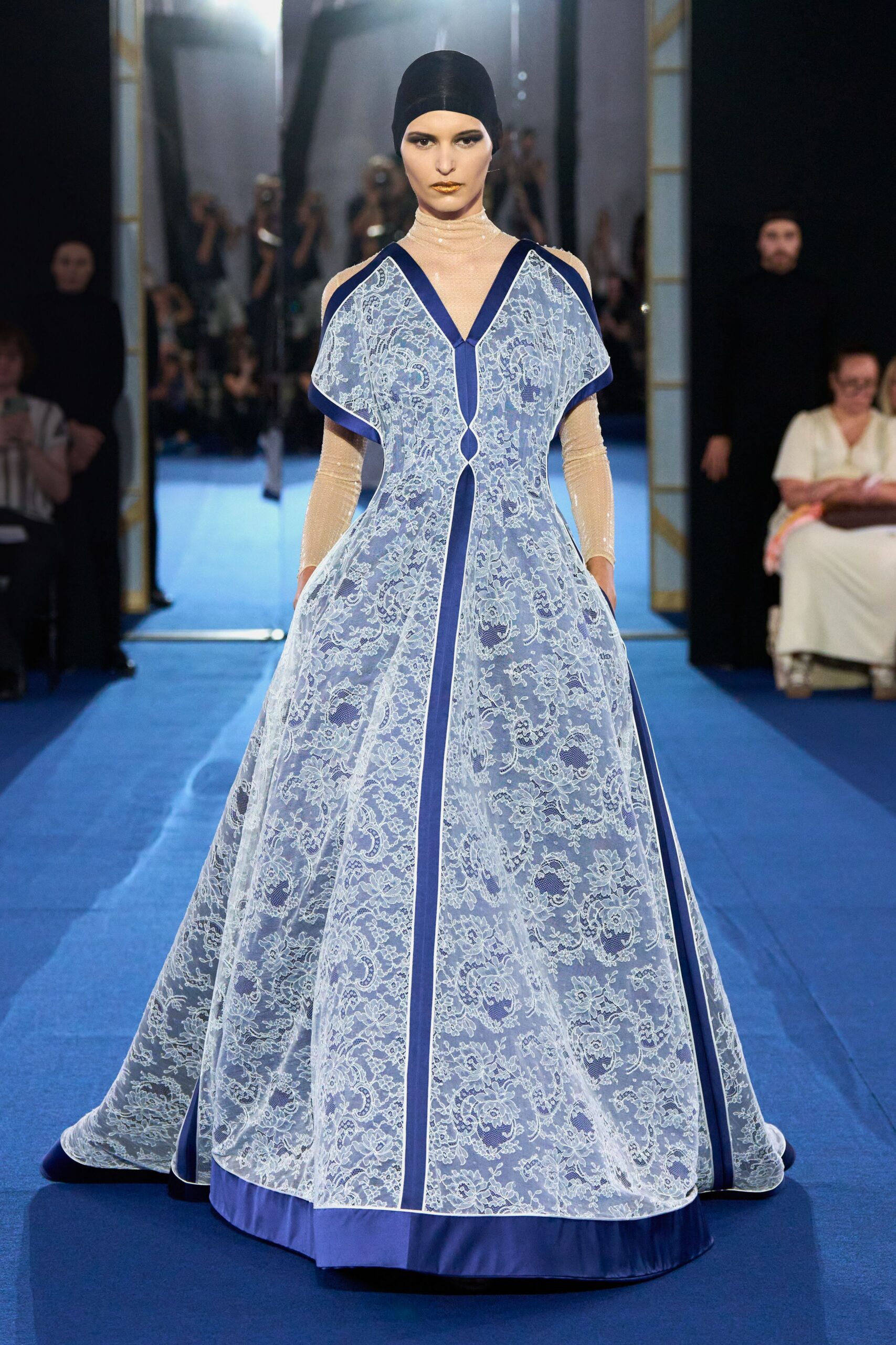 blue and white lace gown