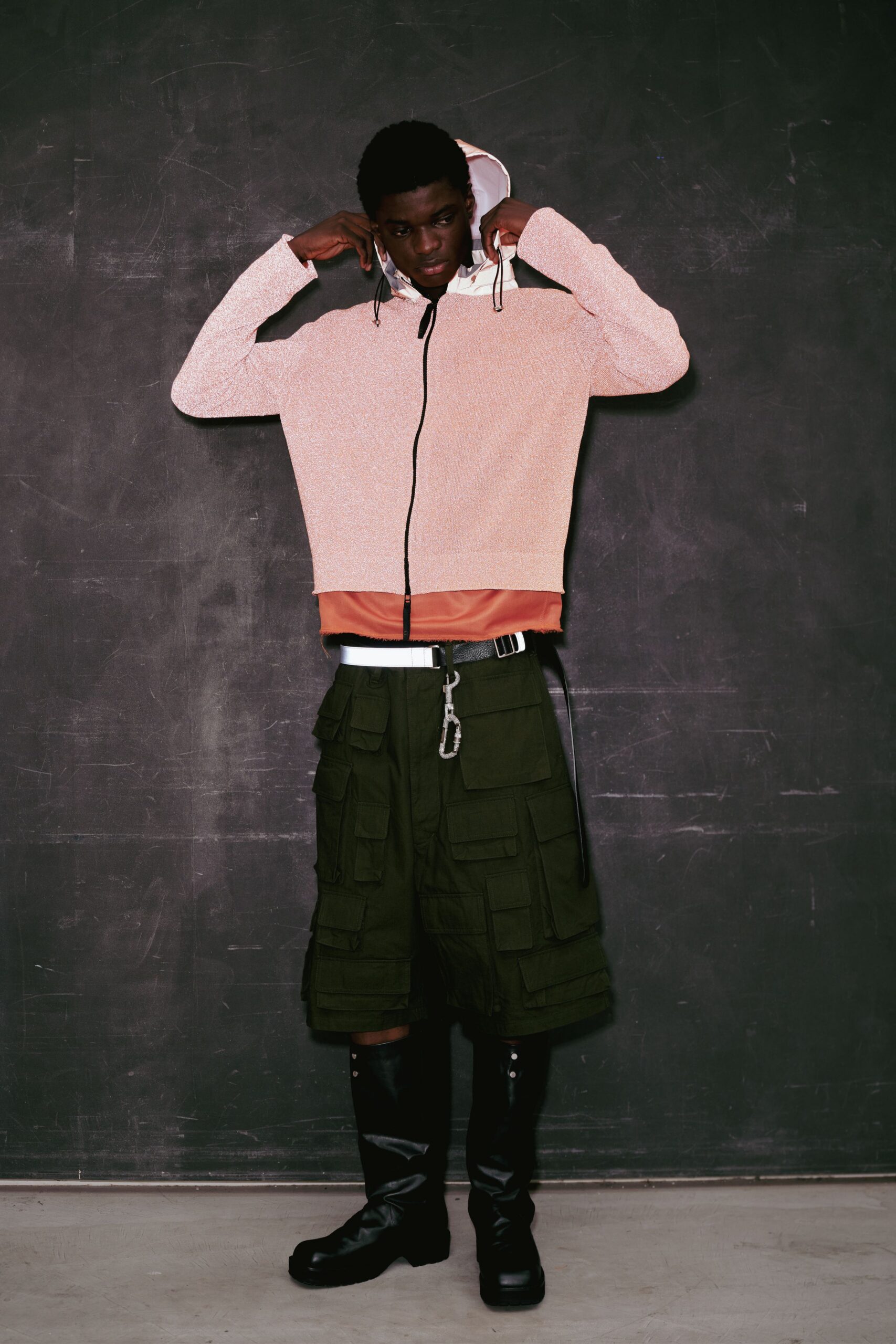 pink relaxed hoodie with cargo shorts