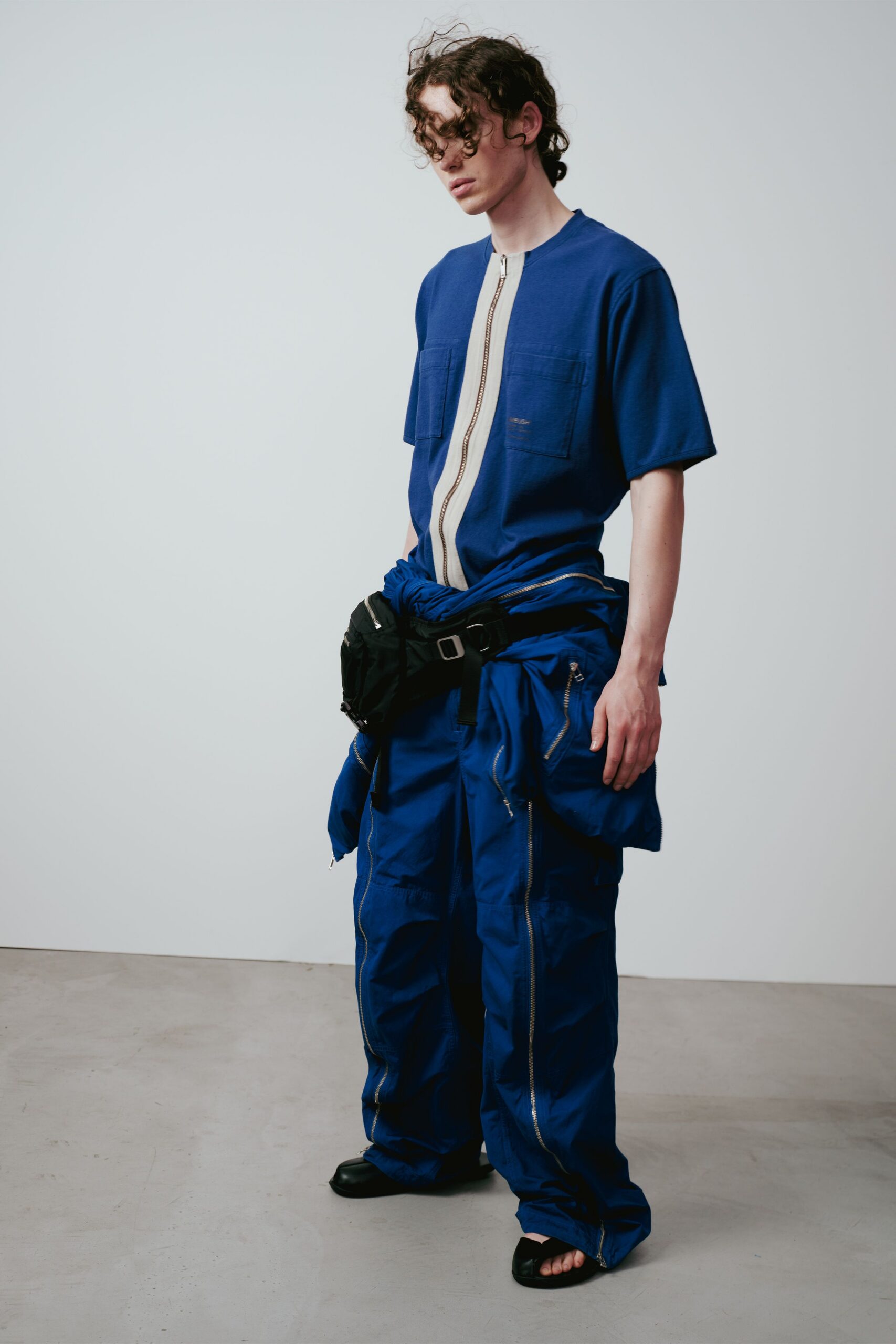 blue cotton long-sleeve relaxed zippered pants