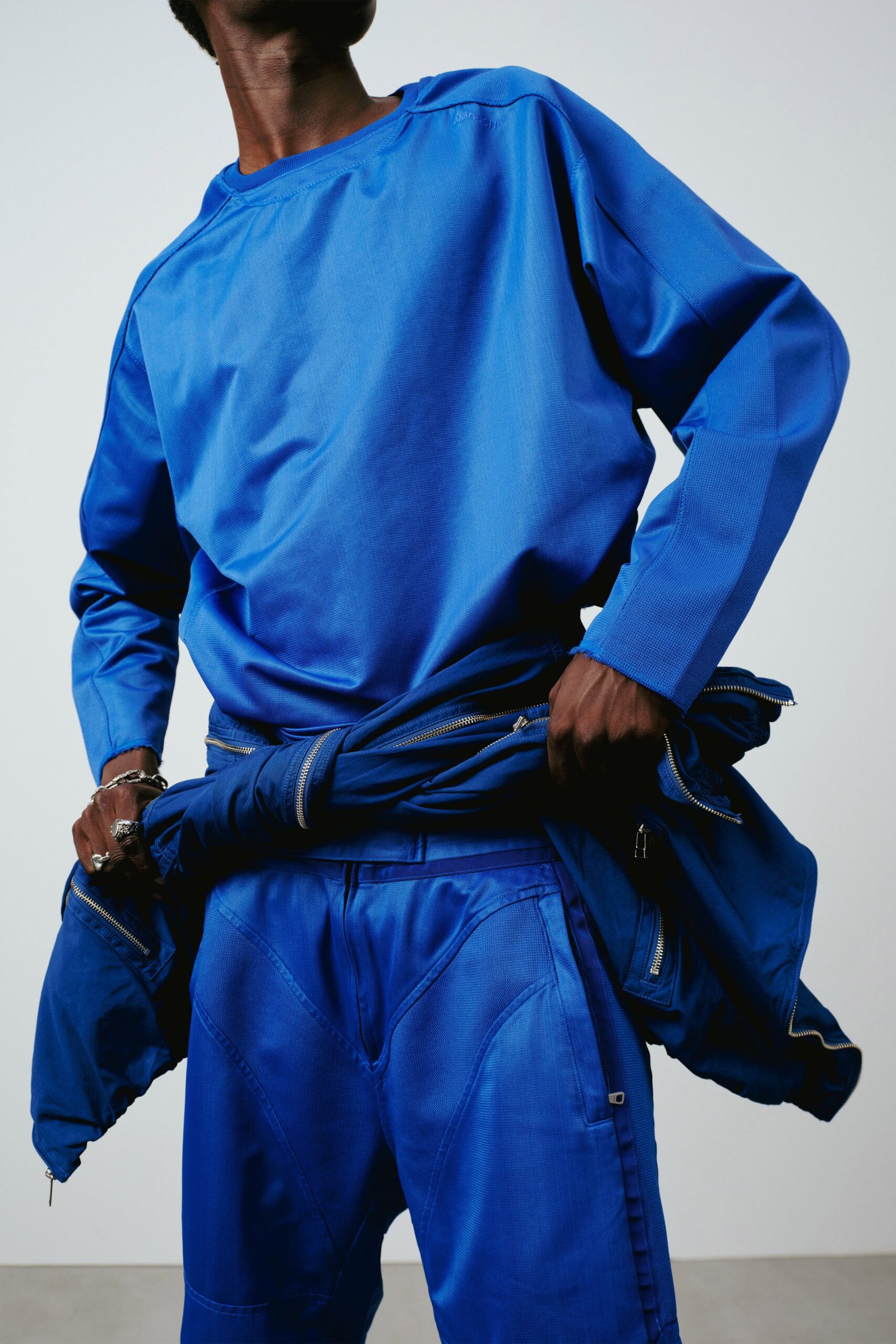 blue cotton fitted zippered pants