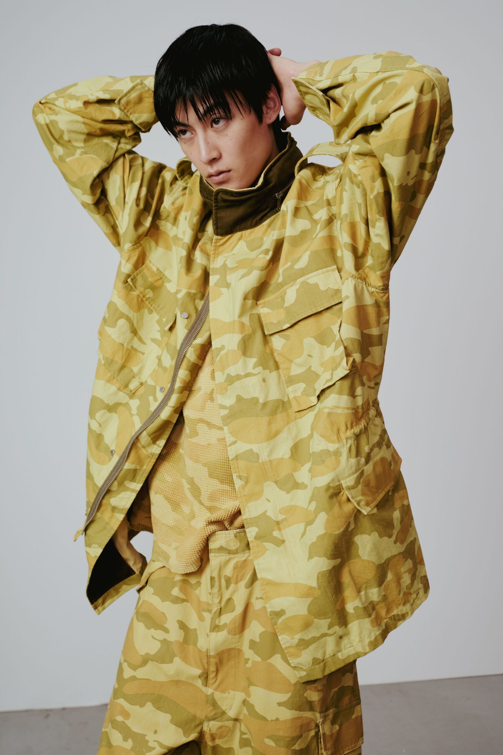 yellow green camouflage jacket and pants