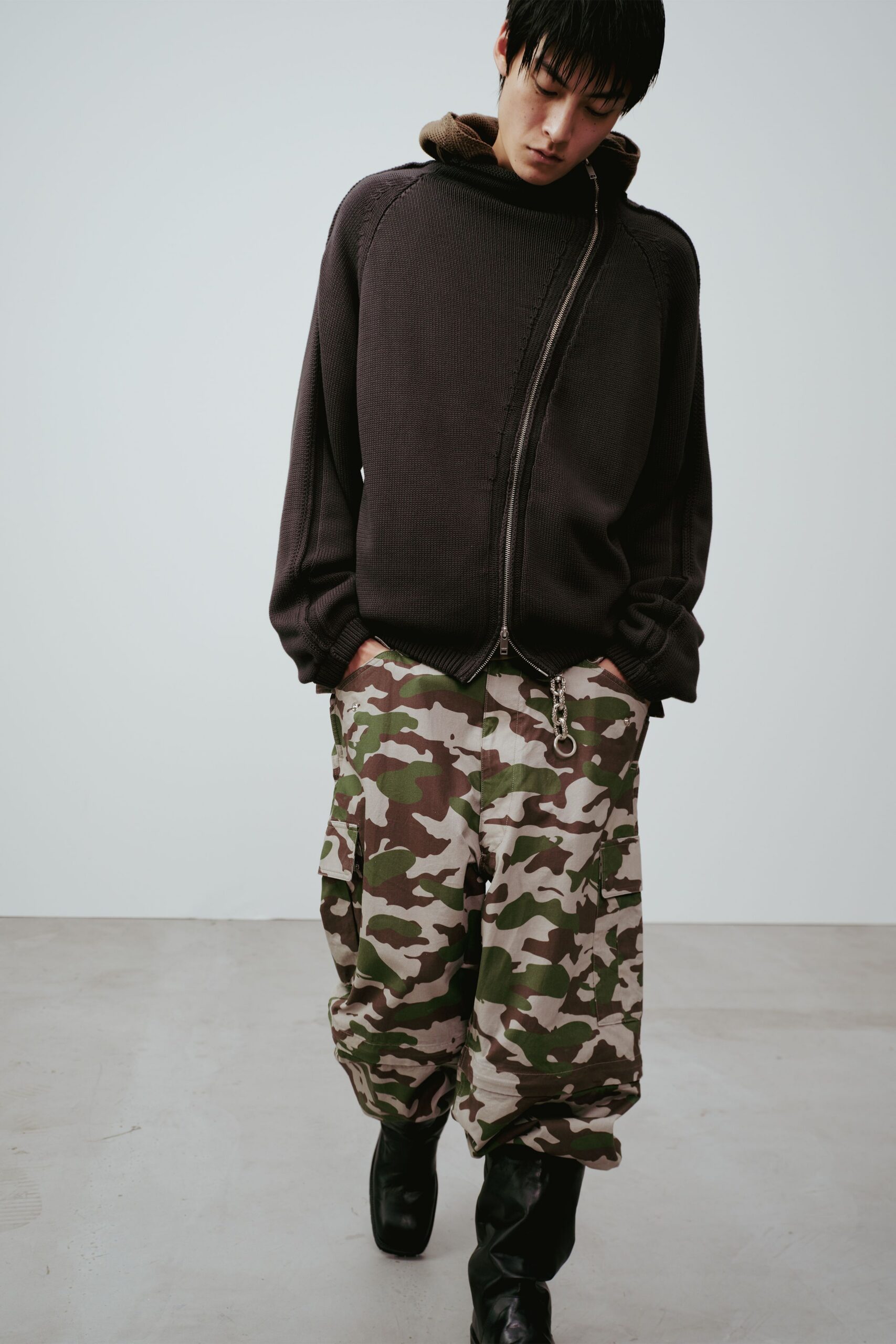 black hoodie camo cargo pants