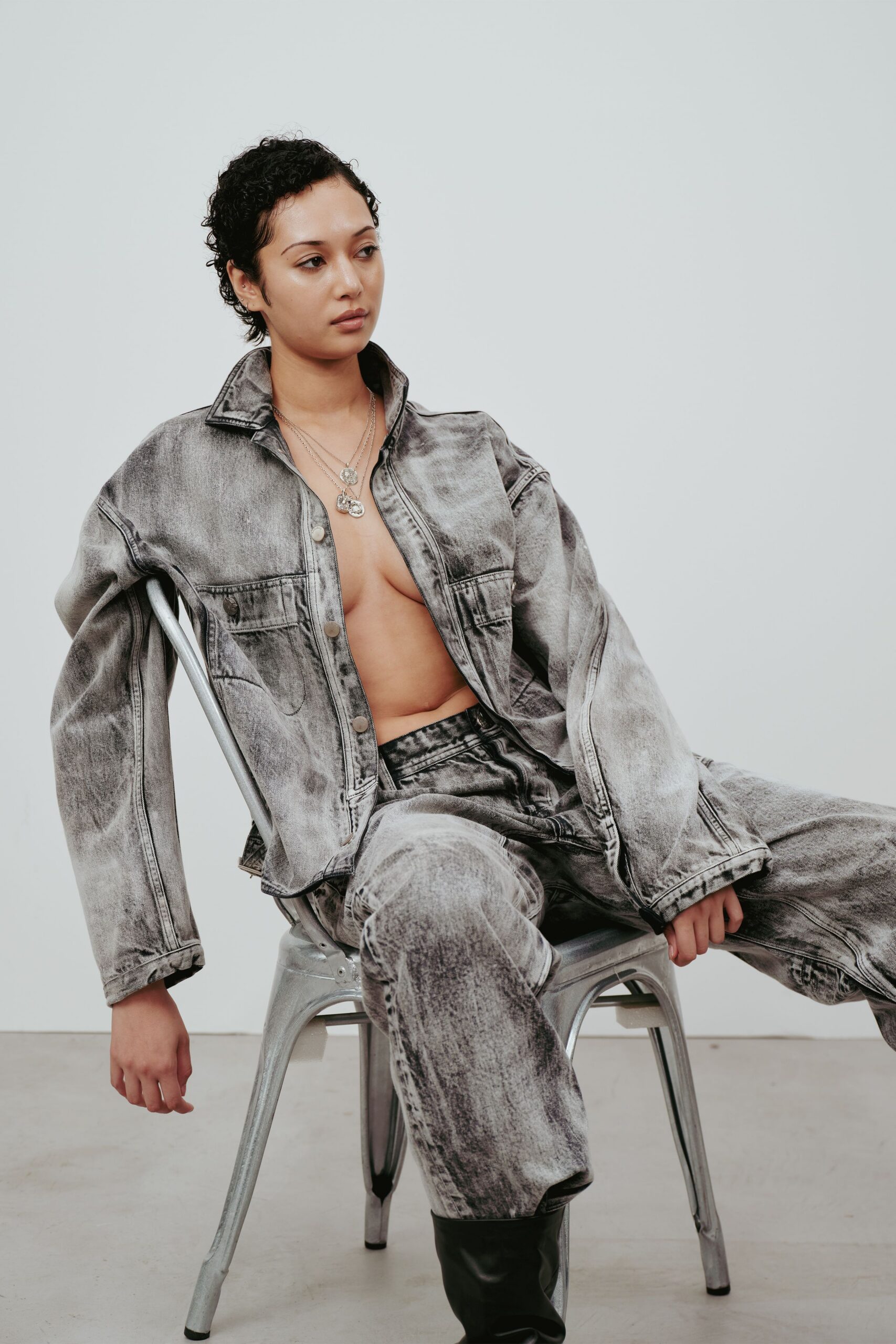 gray denim oversized jacket and relaxed pants