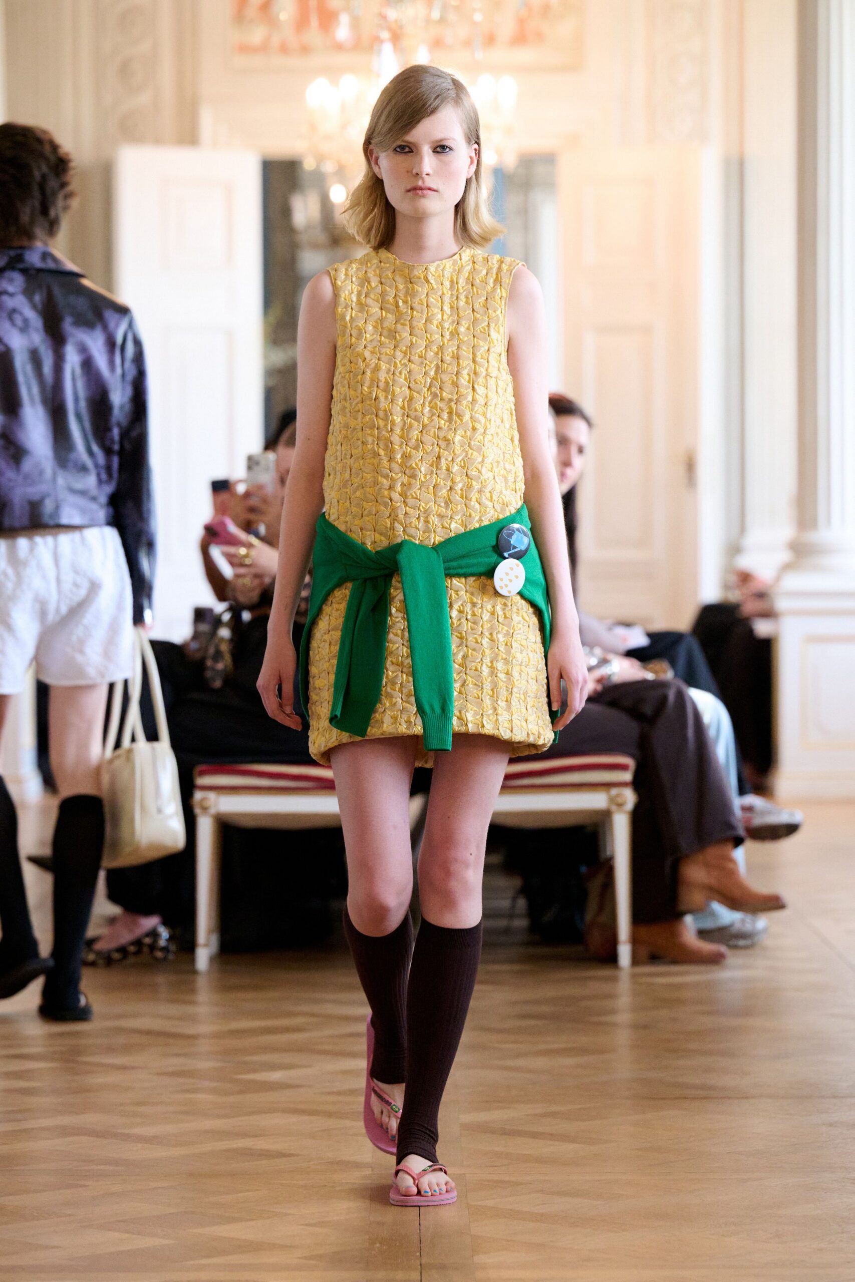yellow pleated mini dress