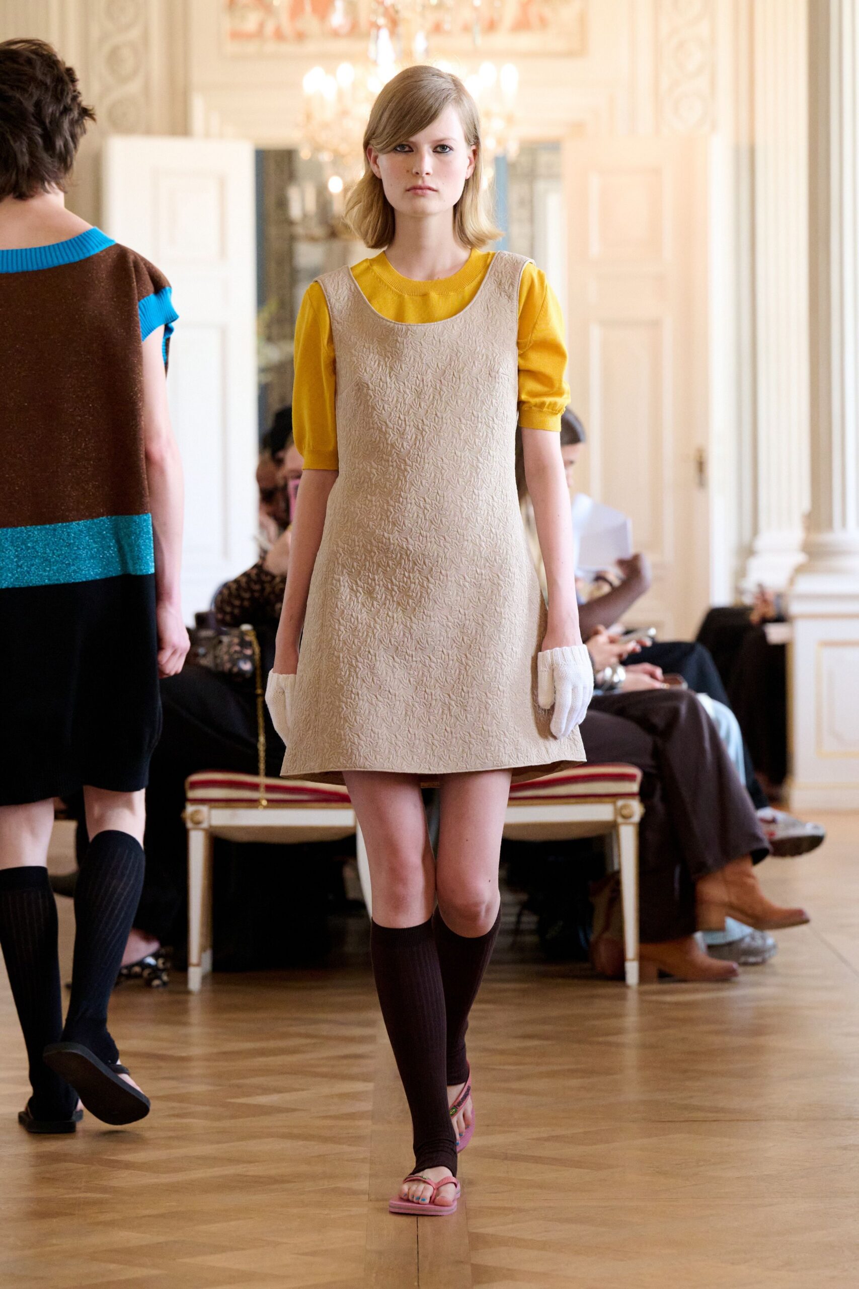 beige cotton sleeveless square-neck fitted straight-leg mini dress