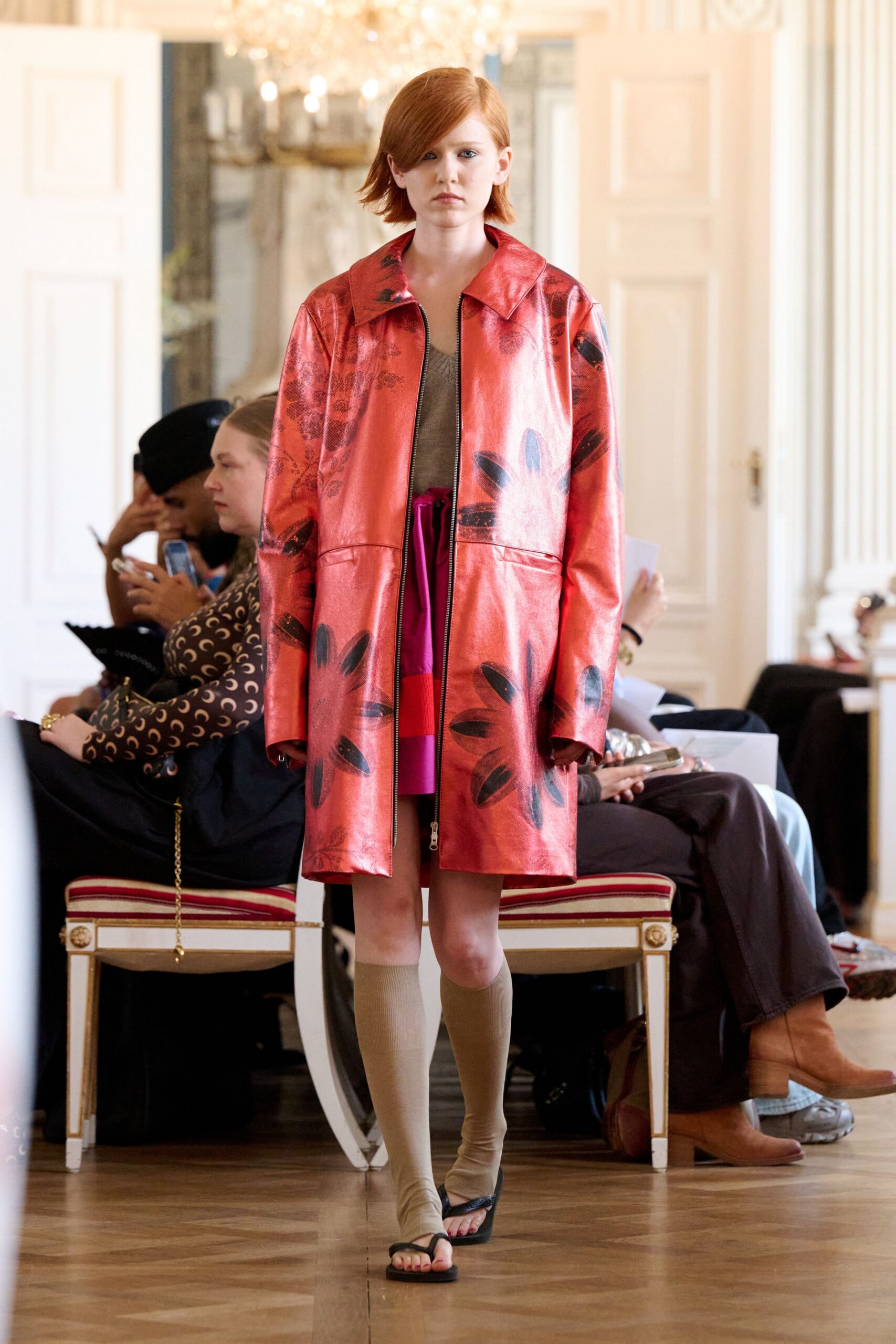 red vinyl long-sleeve collared relaxed printed shiny coat