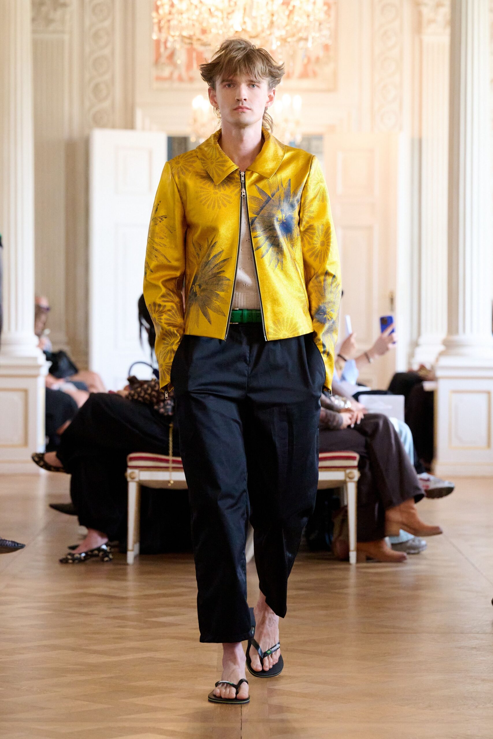 yellow silk long-sleeve collared relaxed printed jacket