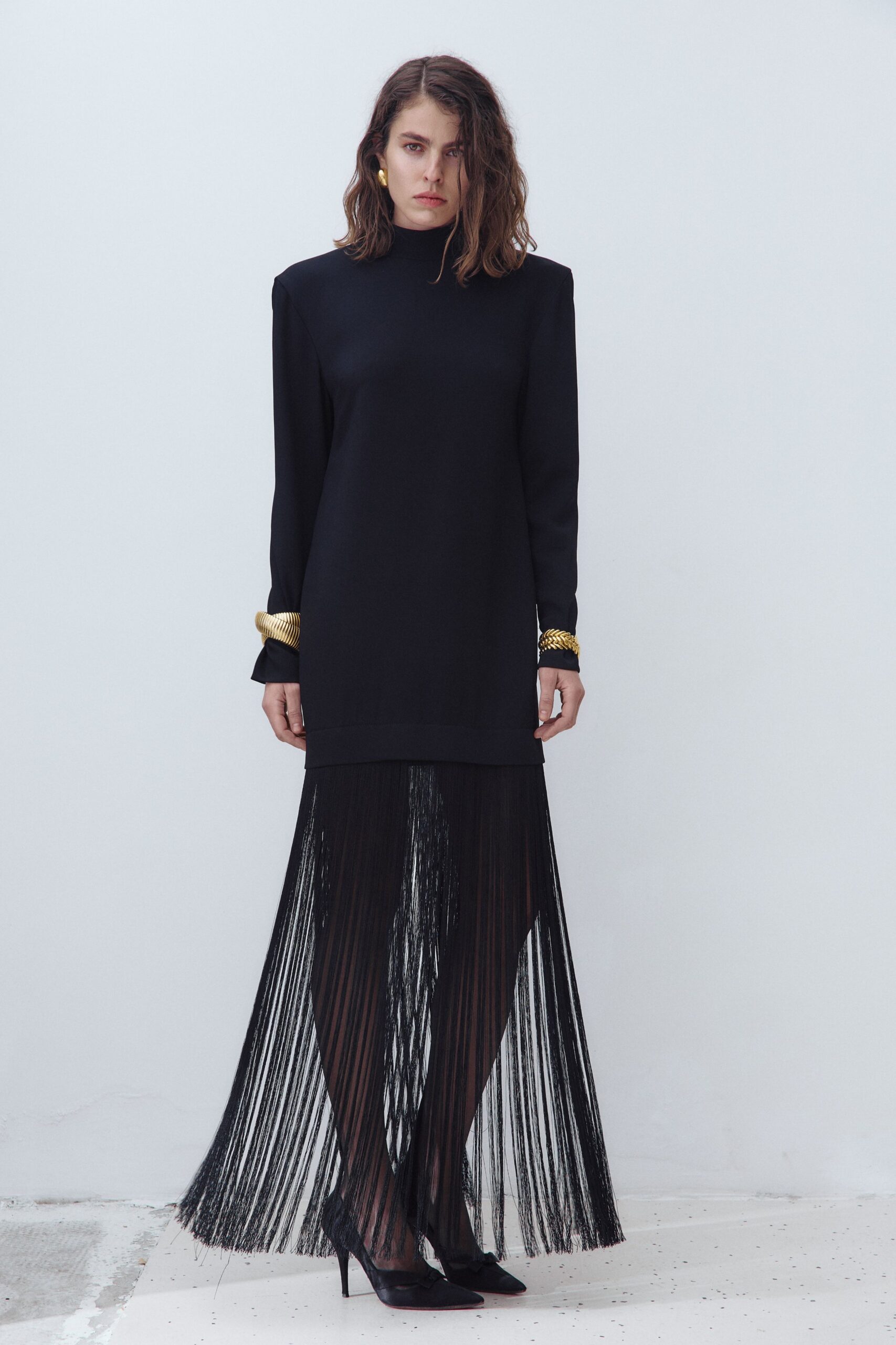 black fitted long-sleeve dress