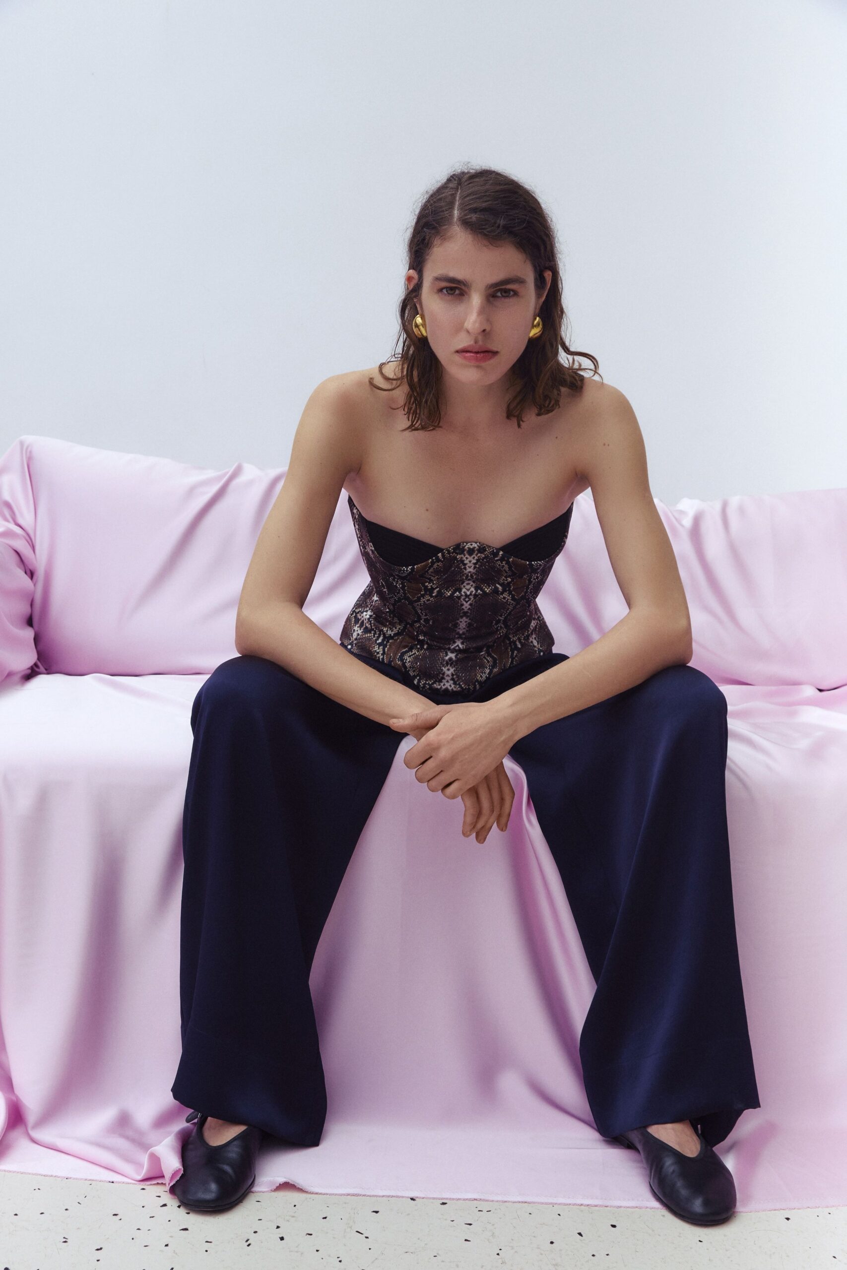 blue silk relaxed wide-leg pants