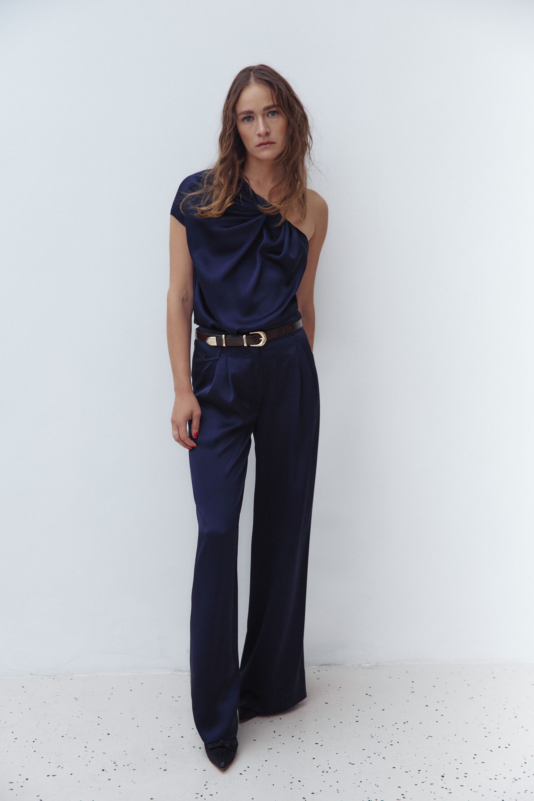 blue satin sleeveless off-shoulder fitted draped shiny top