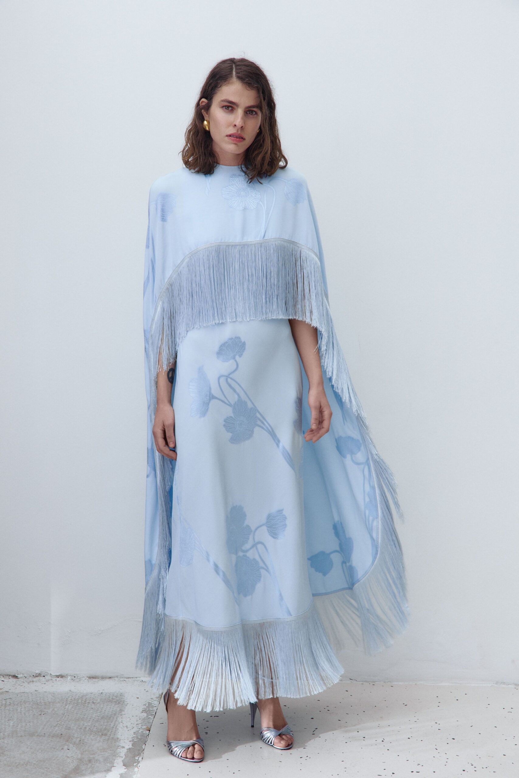 blue silk sleeveless high-neck fitted fringed flowing dress