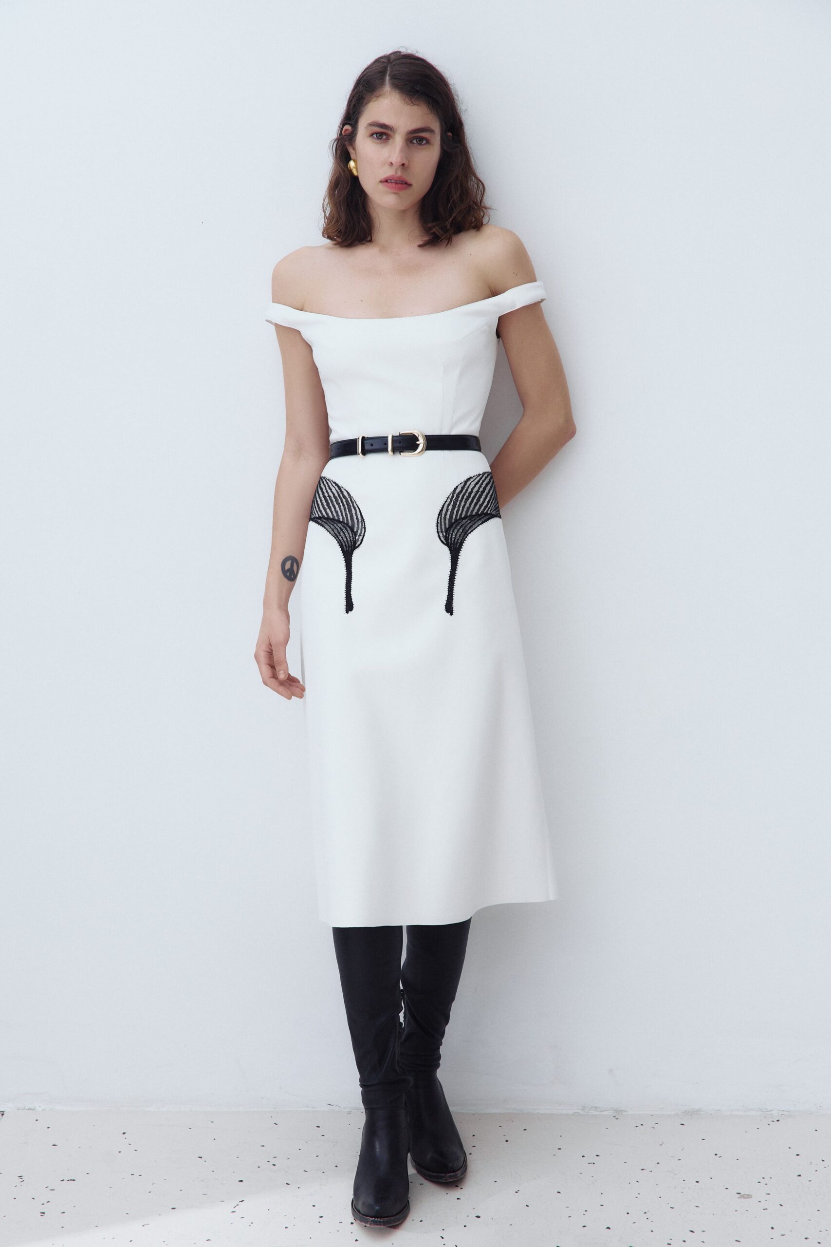 white off-shoulder midi dress