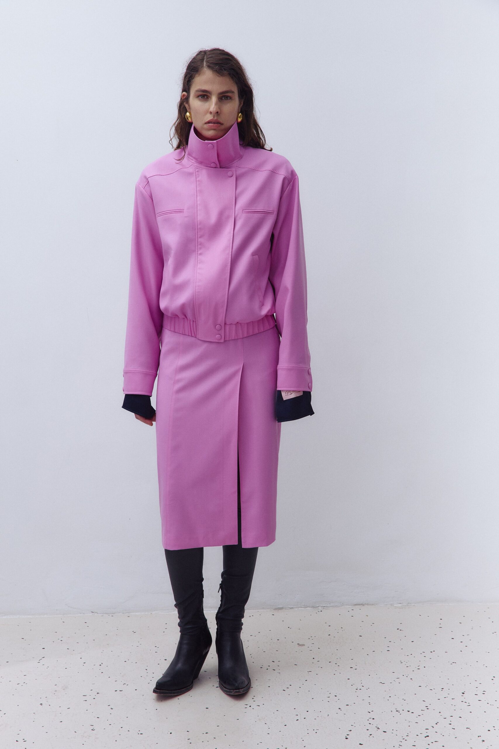 pink vinyl long-sleeve collared fitted zippered pleated dress