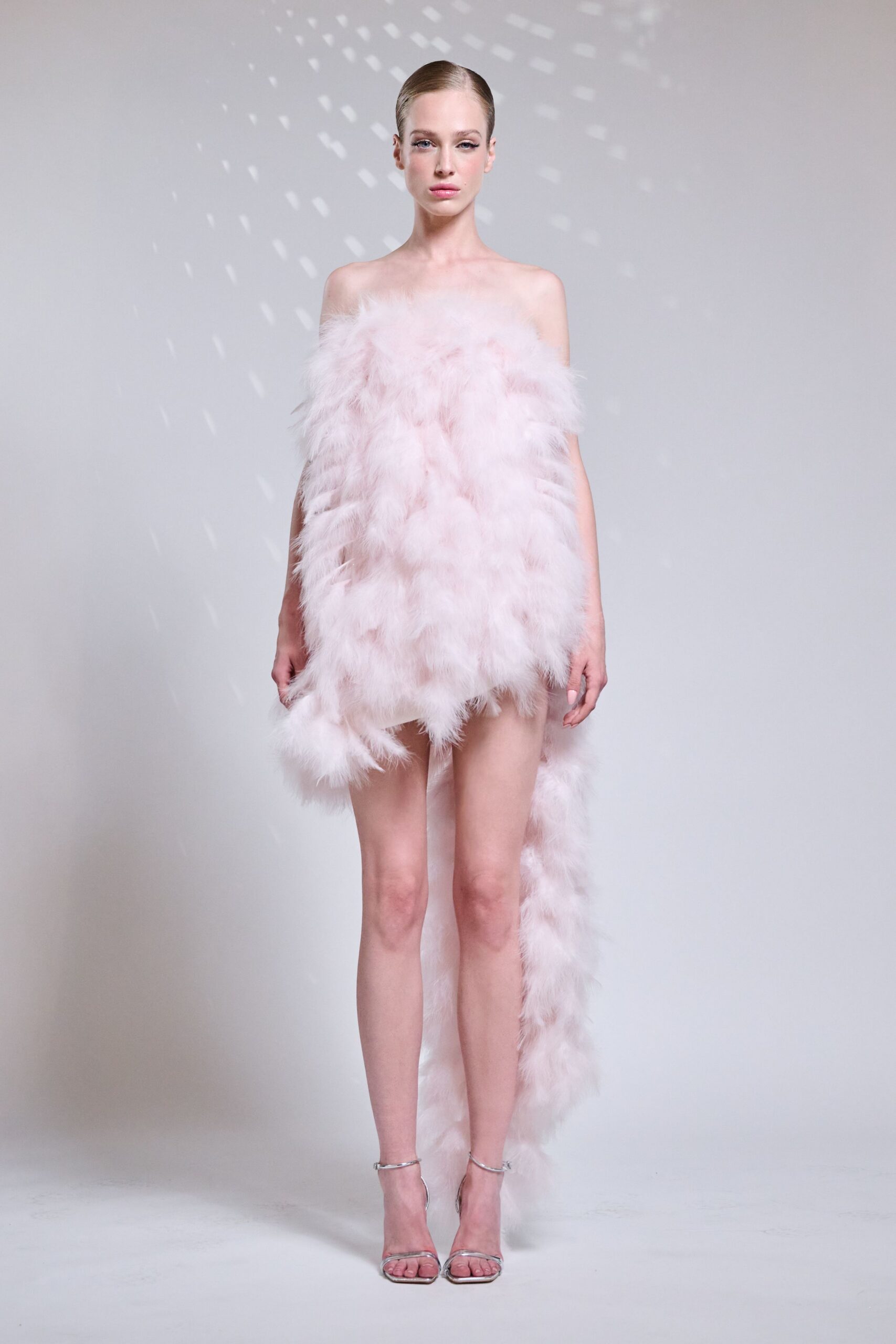 pink fur strapless fitted layered mini dress