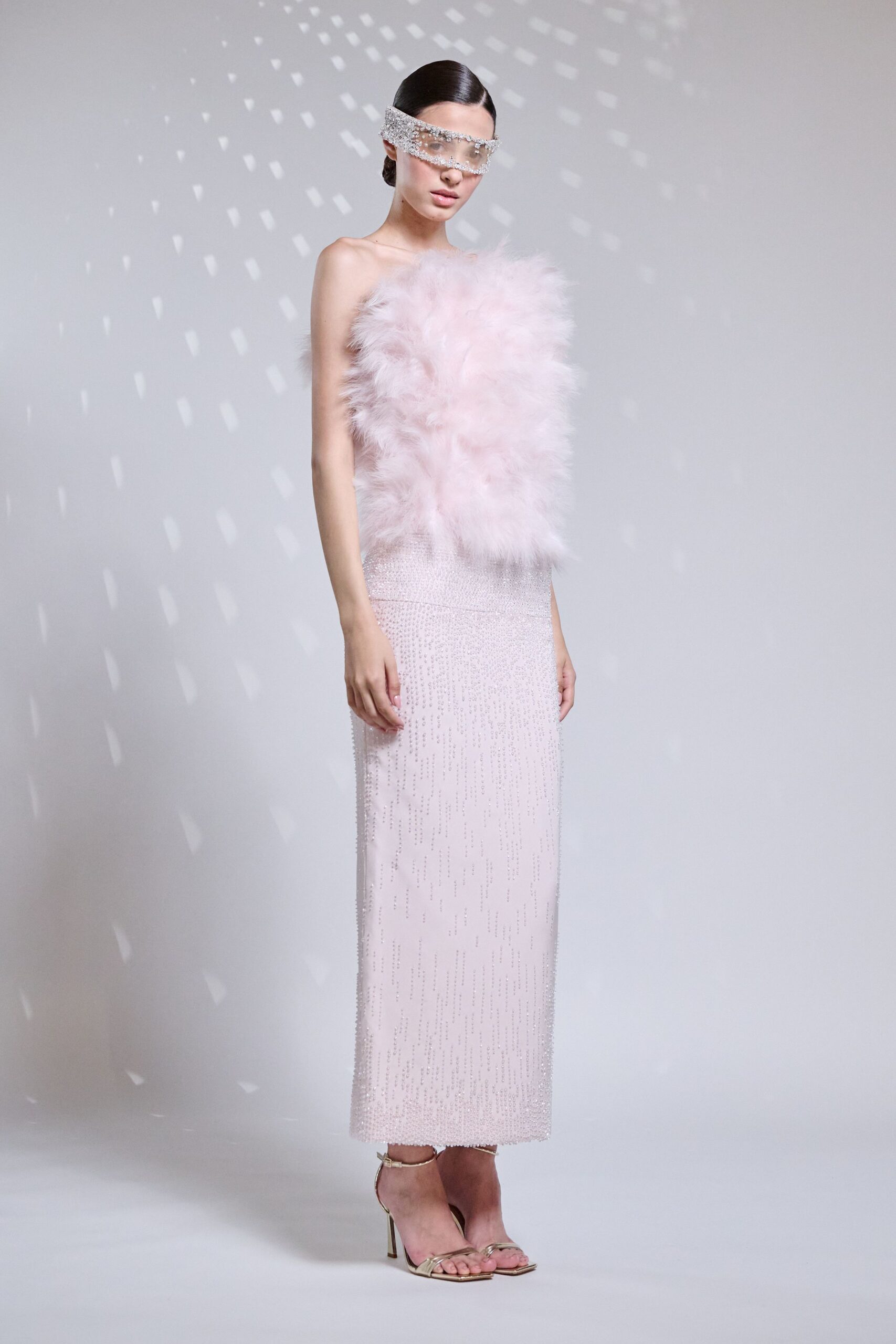 pink silk sleeveless fitted beaded tiered shiny gown