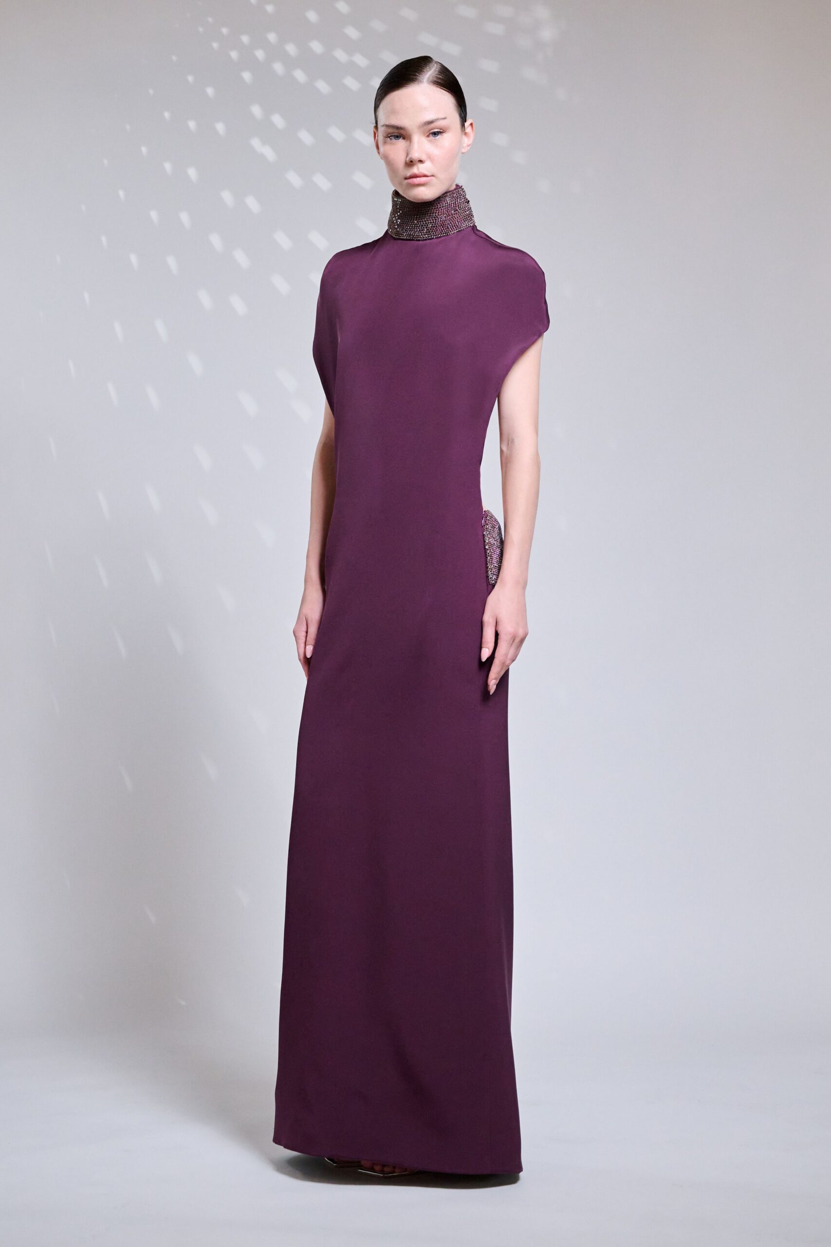 purple silk sleeveless gown