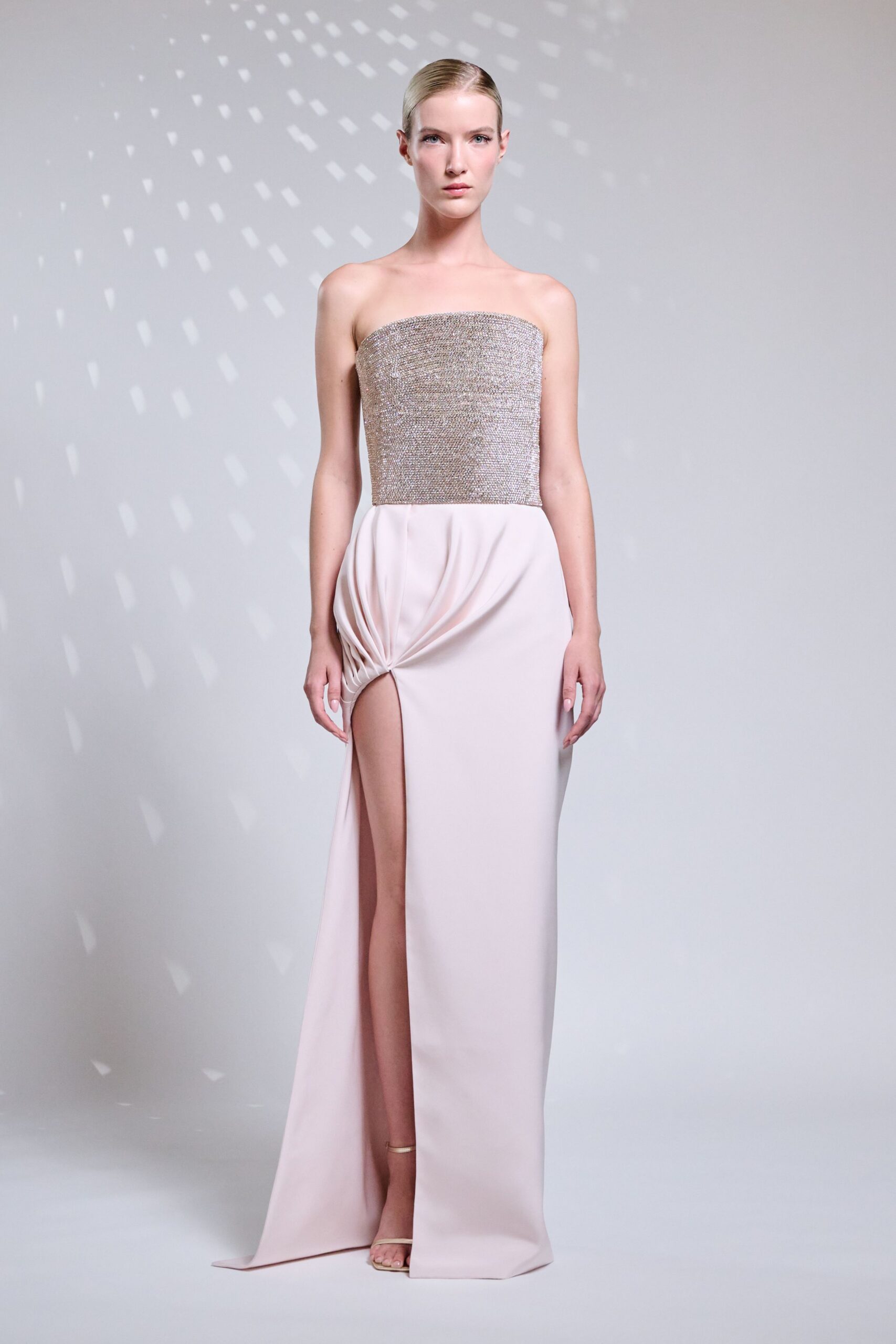 pink silk strapless slit fitted draped maxi gown