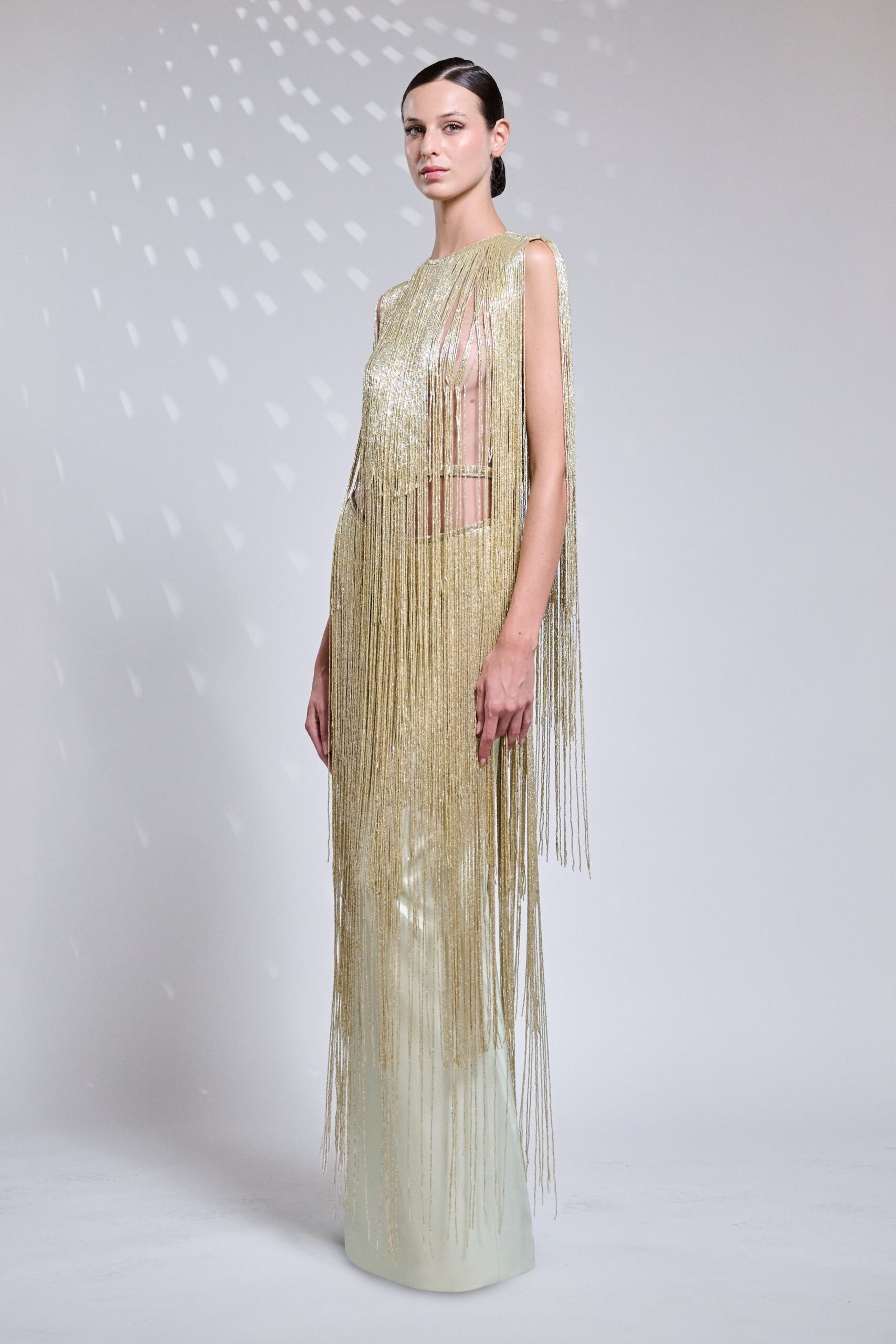 gold fringed sleeveless gown