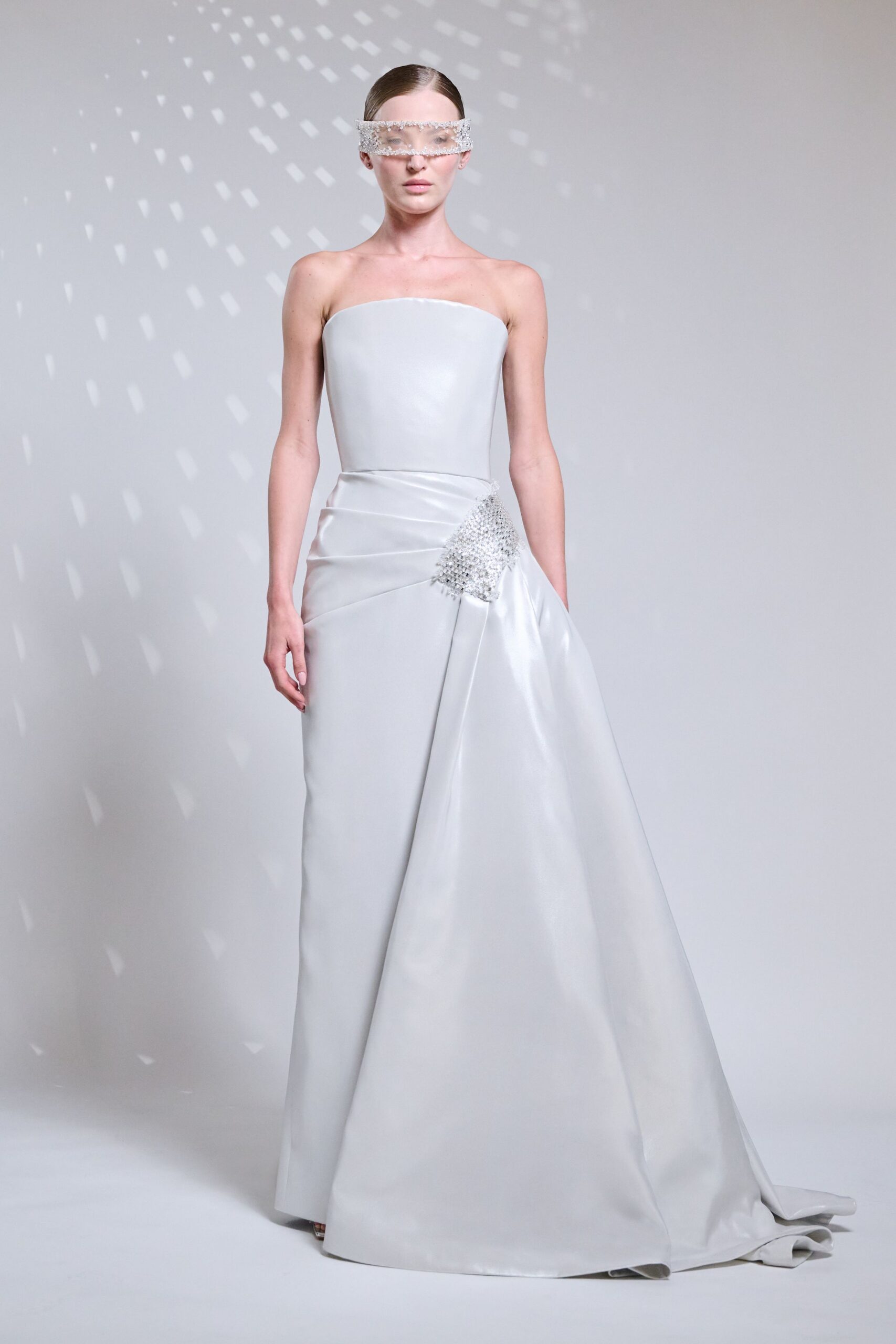 silver satin strapless gown