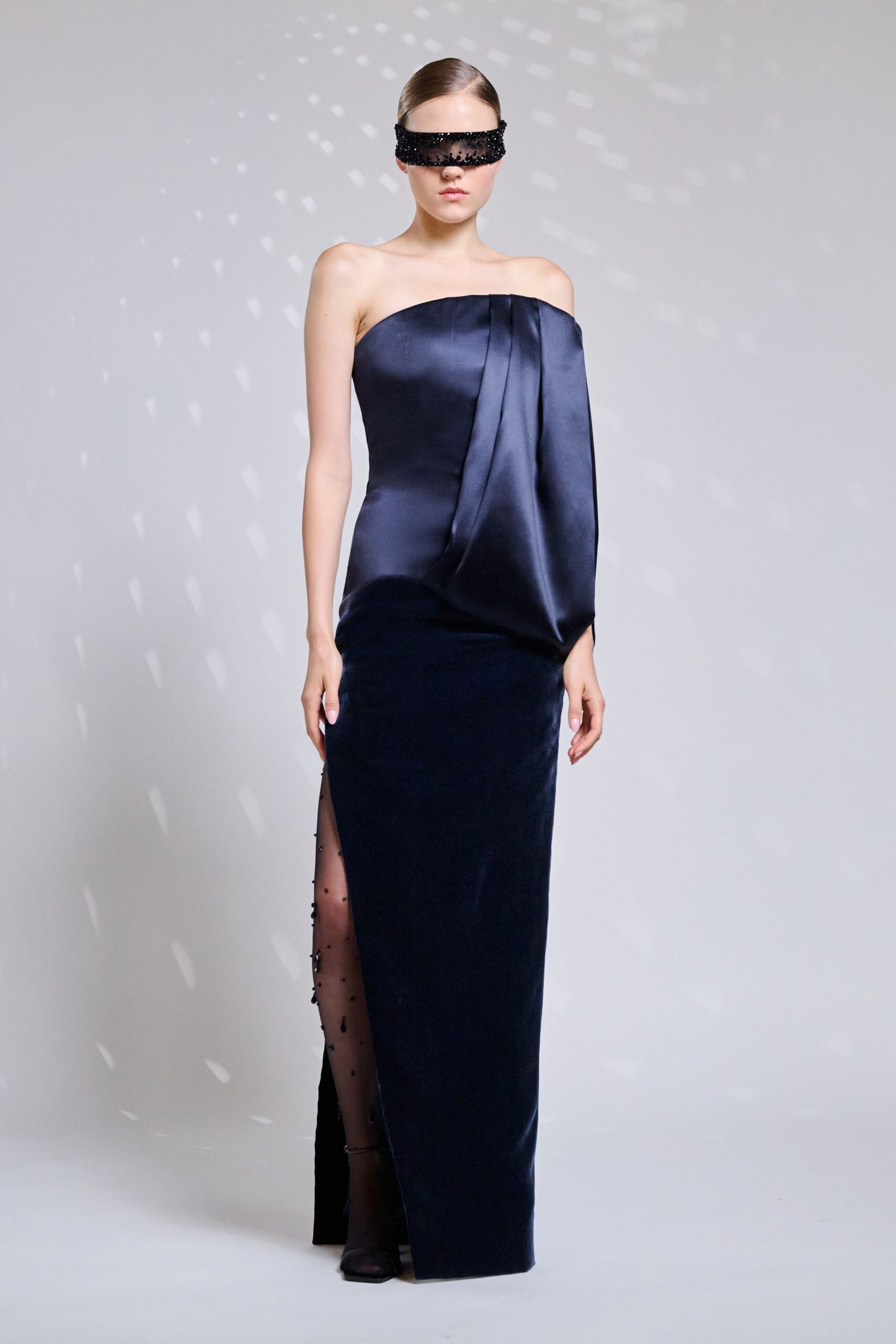 blue silk strapless asymmetric fitted draped shiny gown