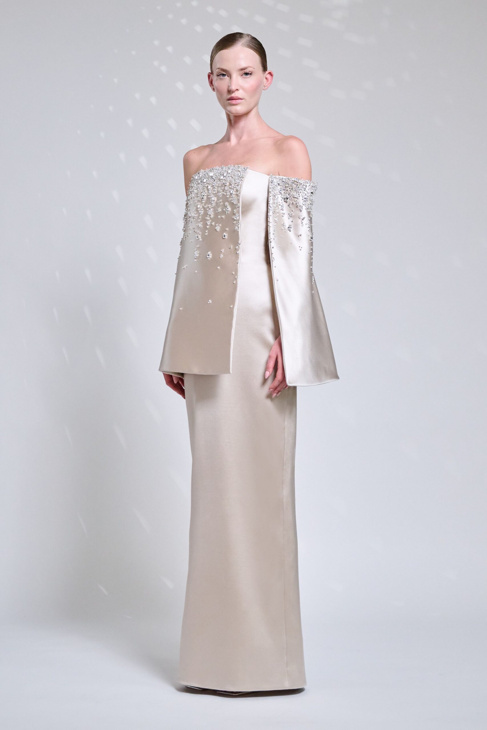 beige satin off-shoulder gown
