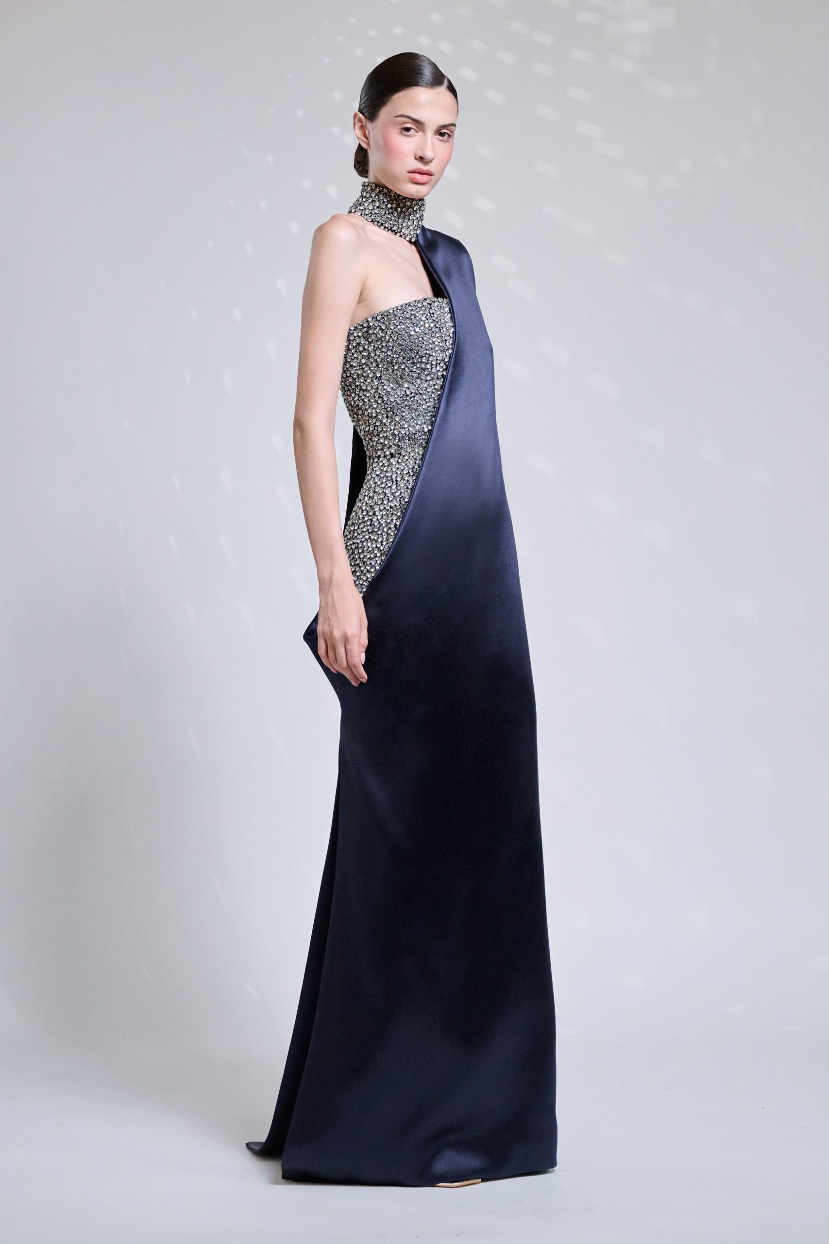 navy silk strapless gown