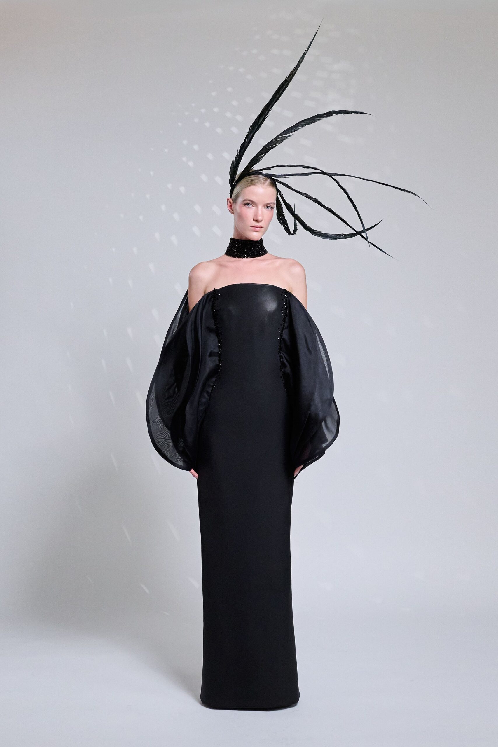 black silk sleeveless off-shoulder fitted draped maxi gown