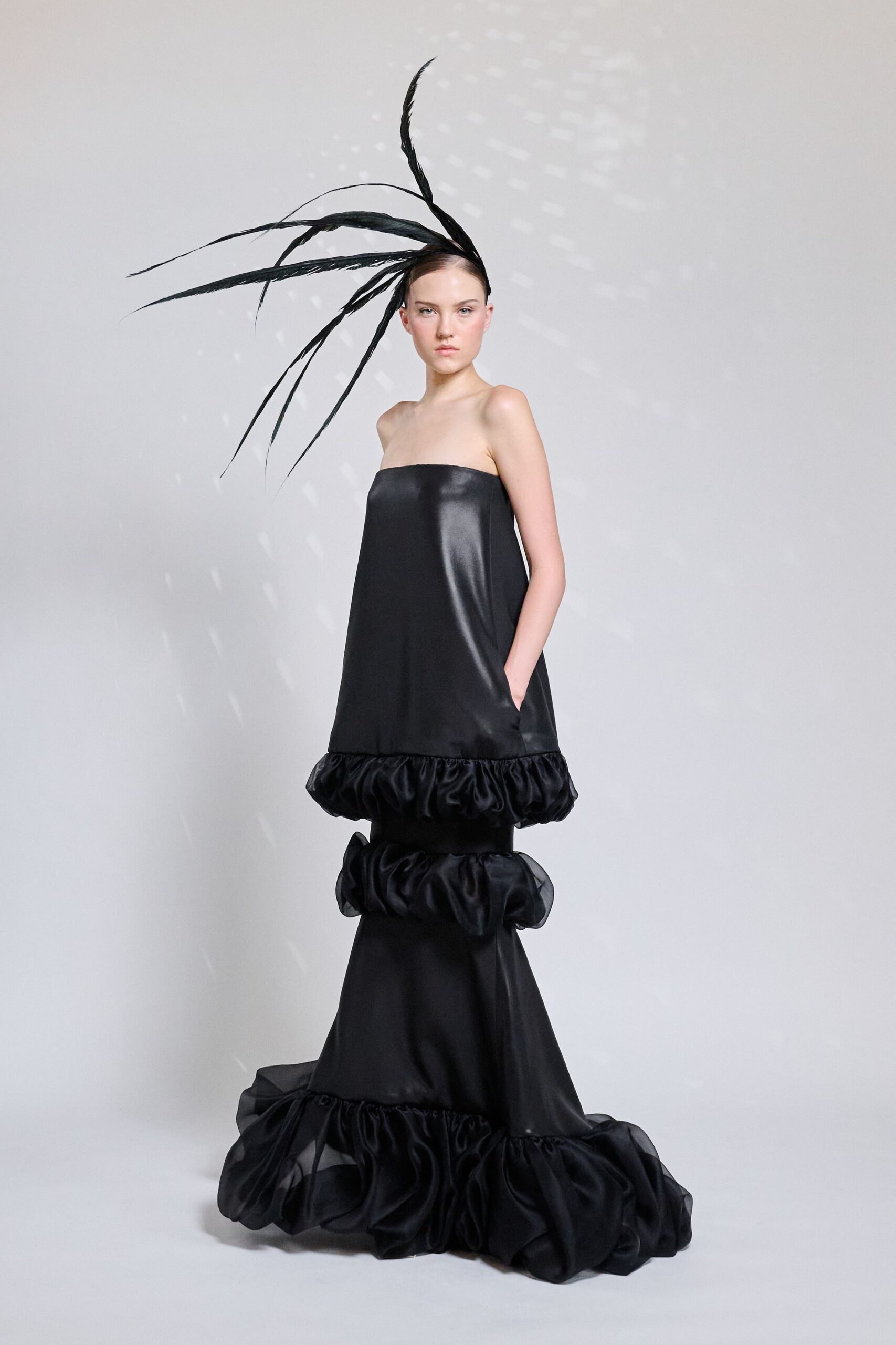 black satin strapless gown