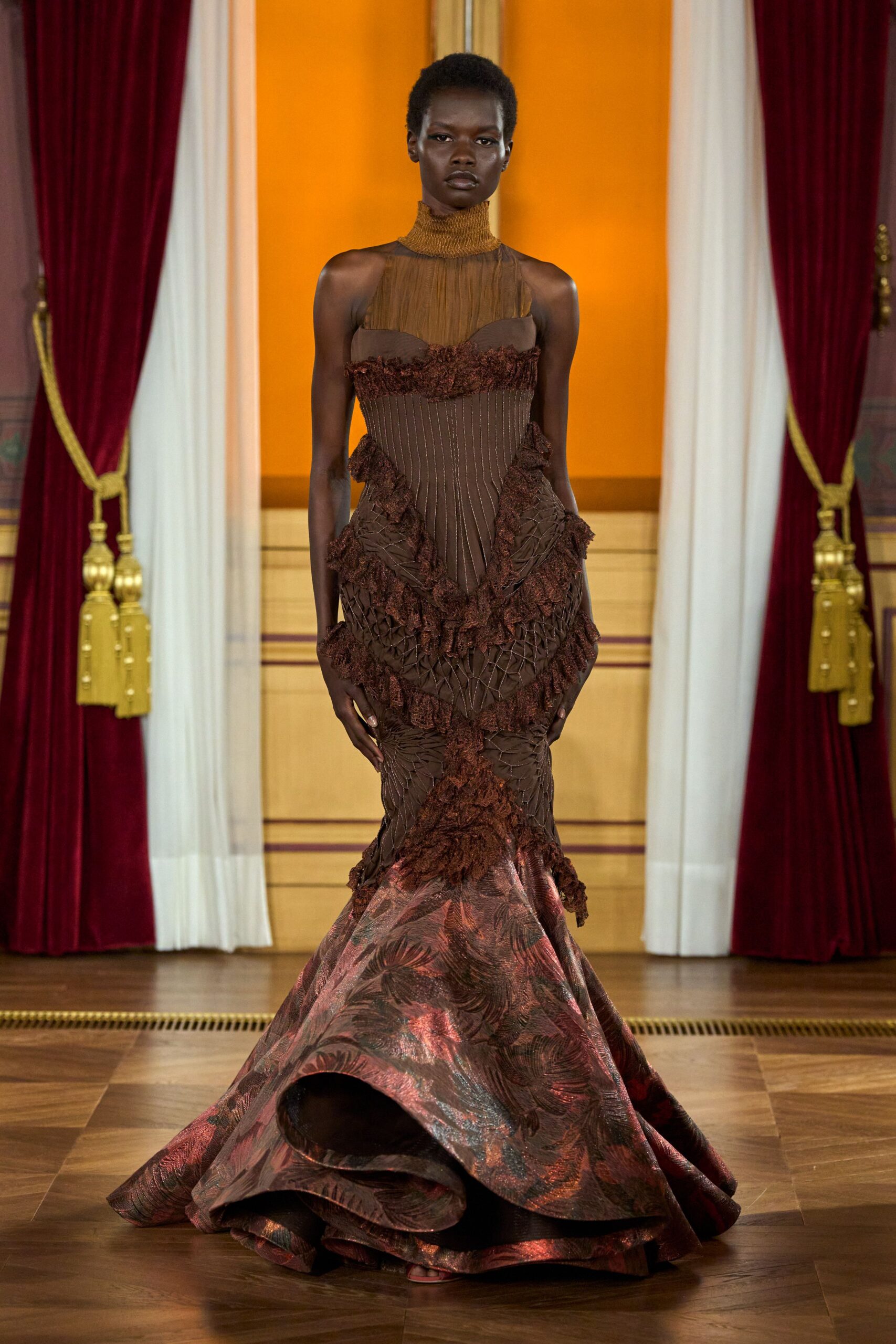 brown red ruffled gown