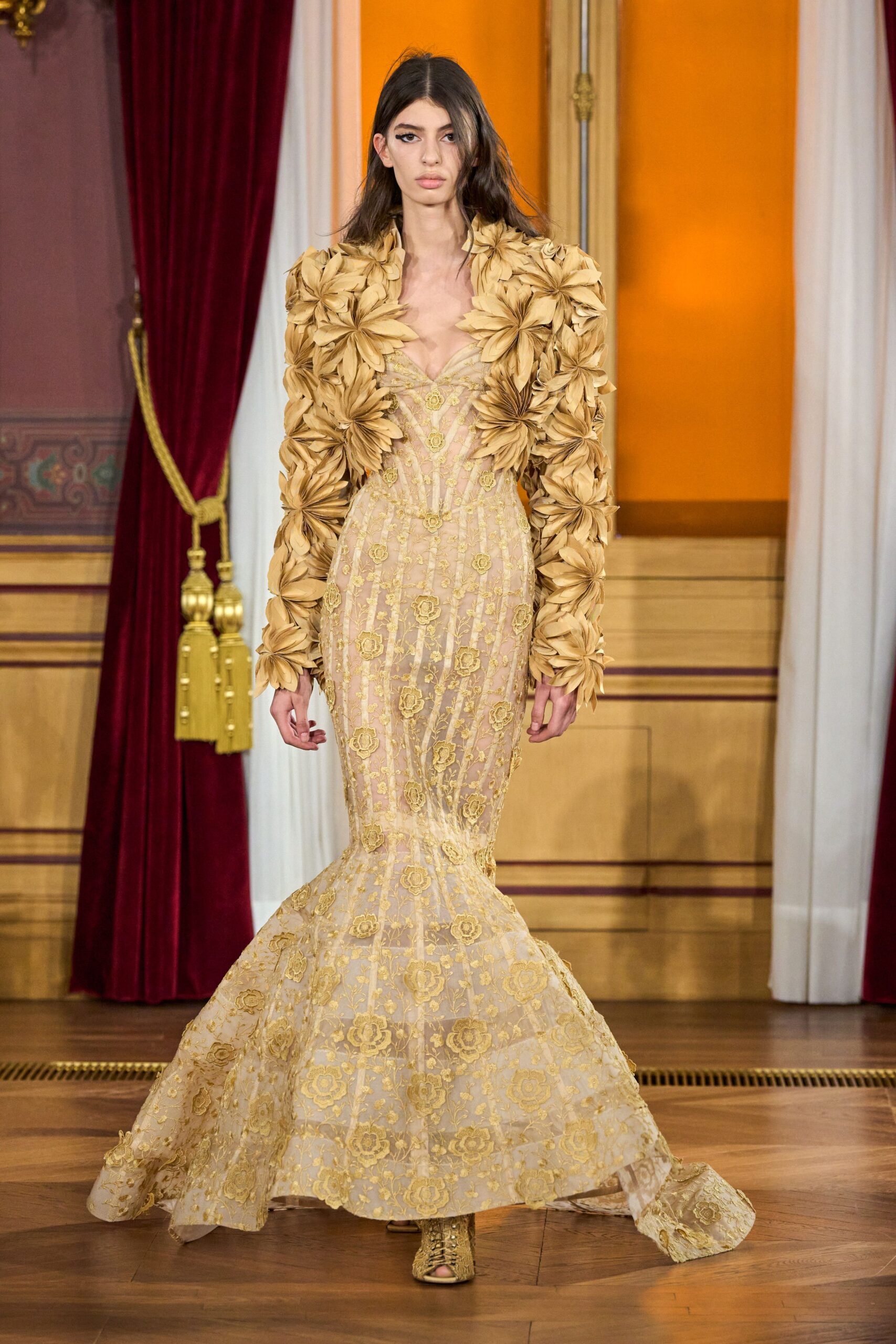 gold silk long-sleeve v-neck fitted embroidered flared gown