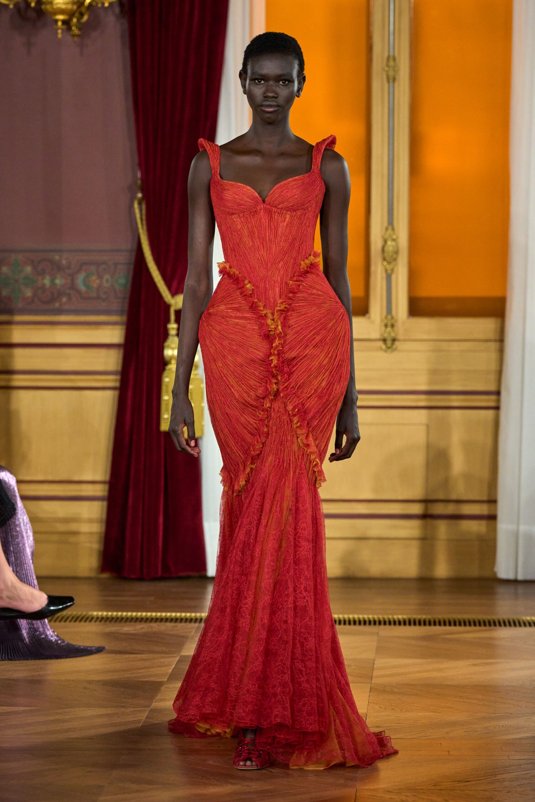 red lace sleeveless gown
