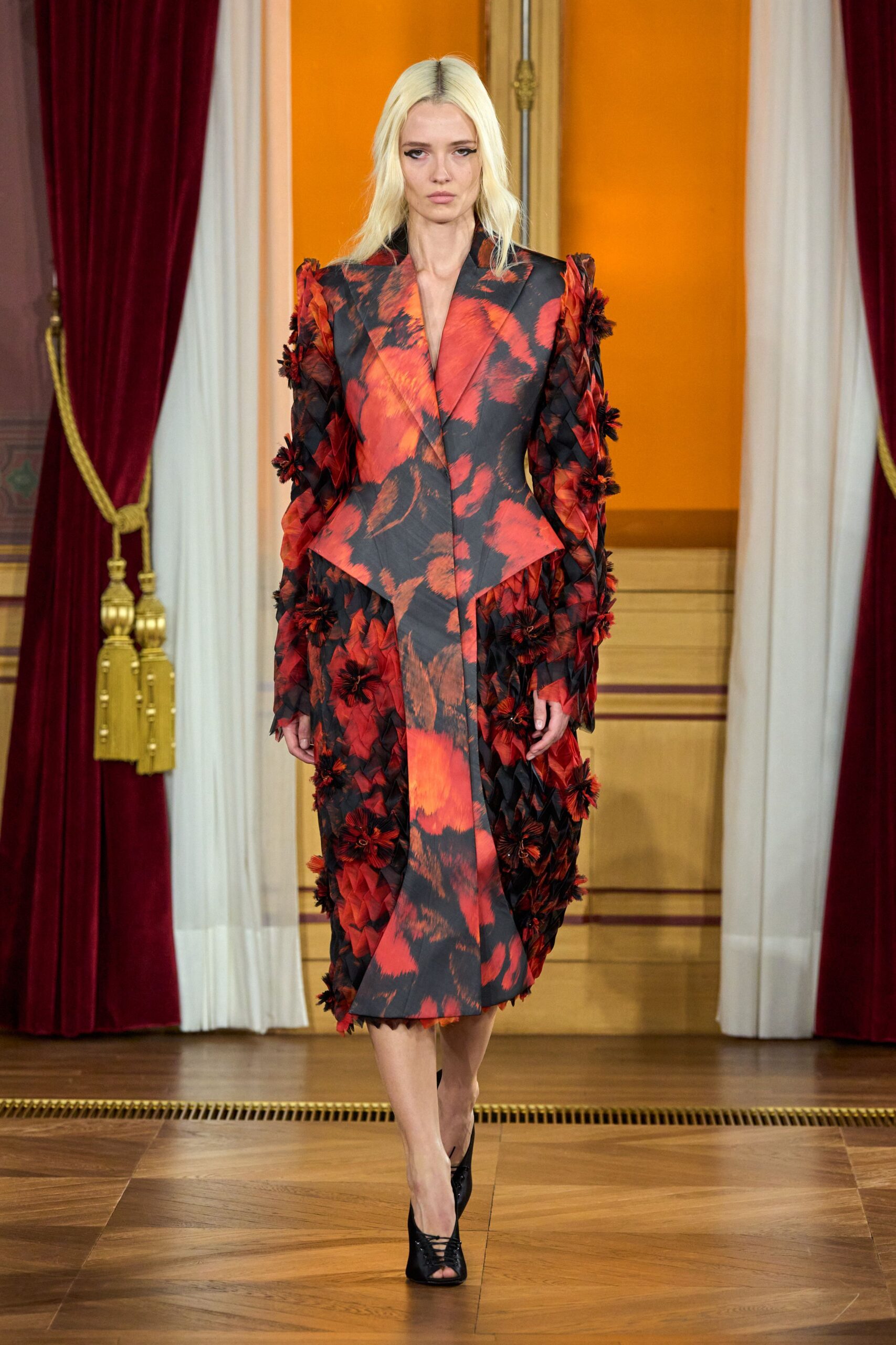 red silk long-sleeve collared fitted ruffled layered dress
