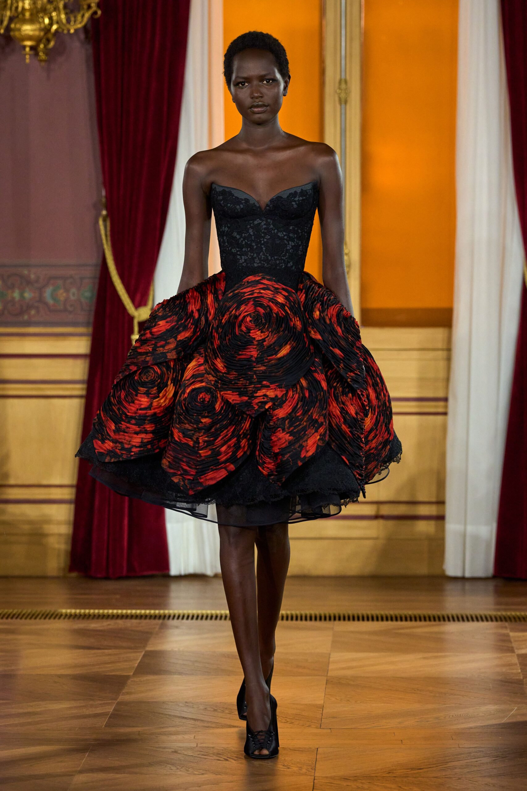 black lace strapless fitted flared embroidered mini dress