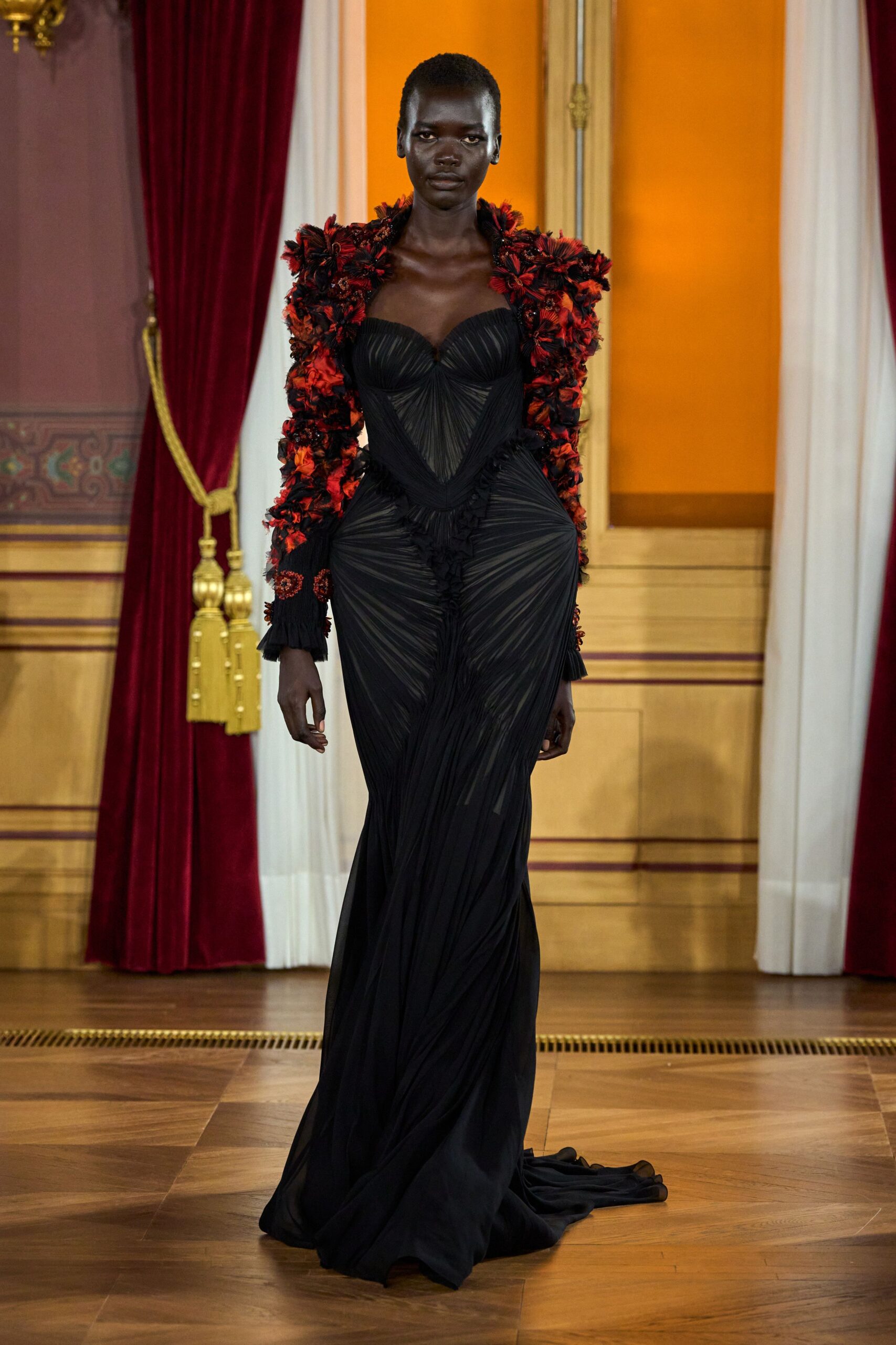 black silk sleeveless v-neck fitted ruched layered gown