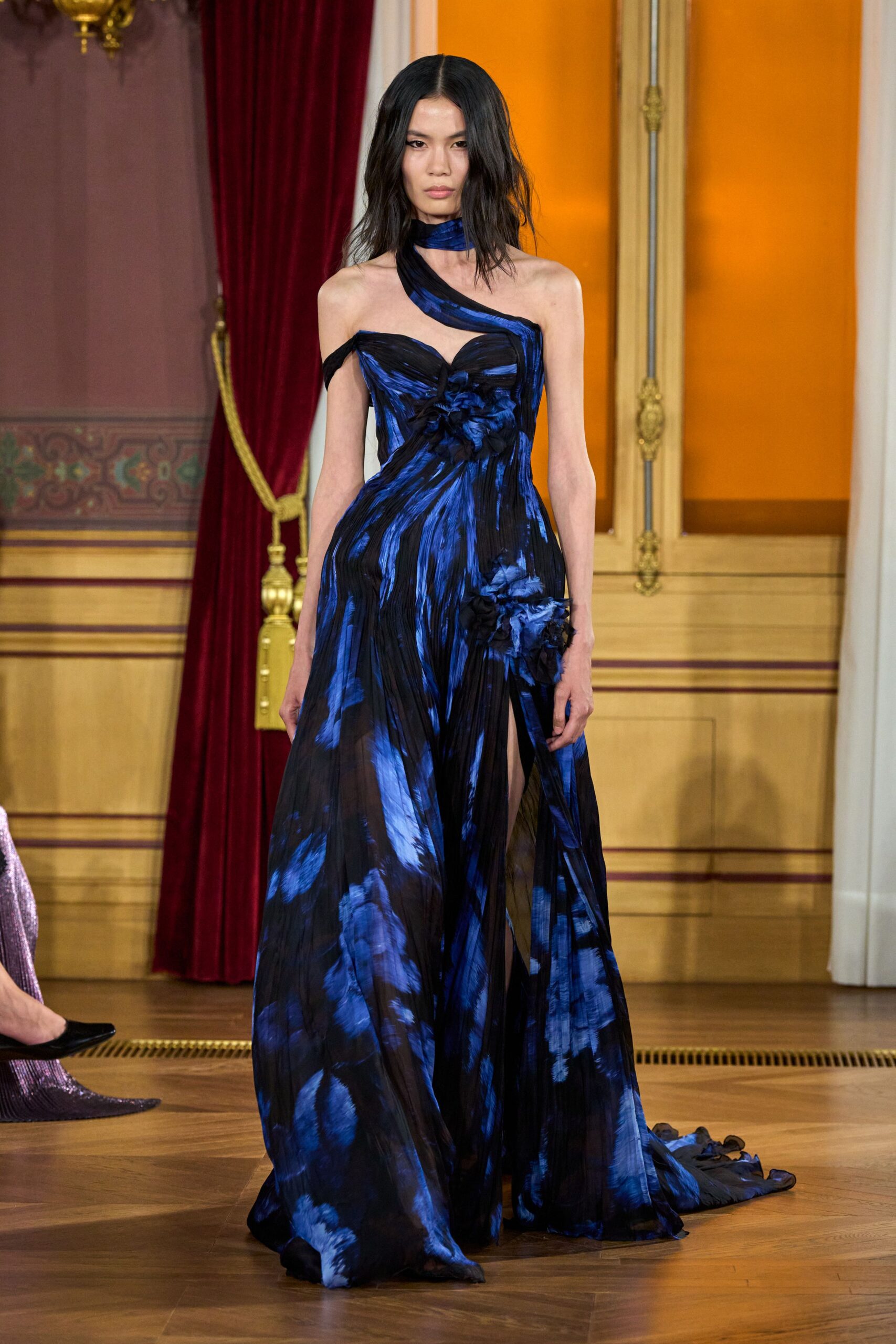 blue black silk strapless gown