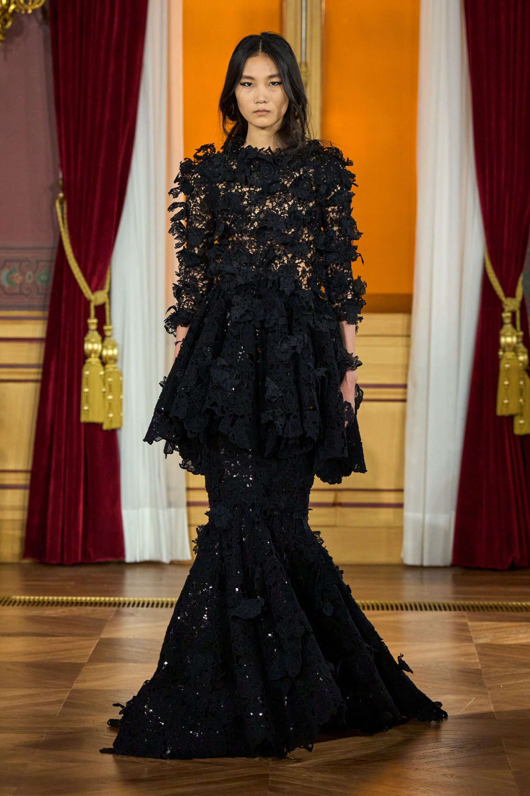 black lace long-sleeve gown