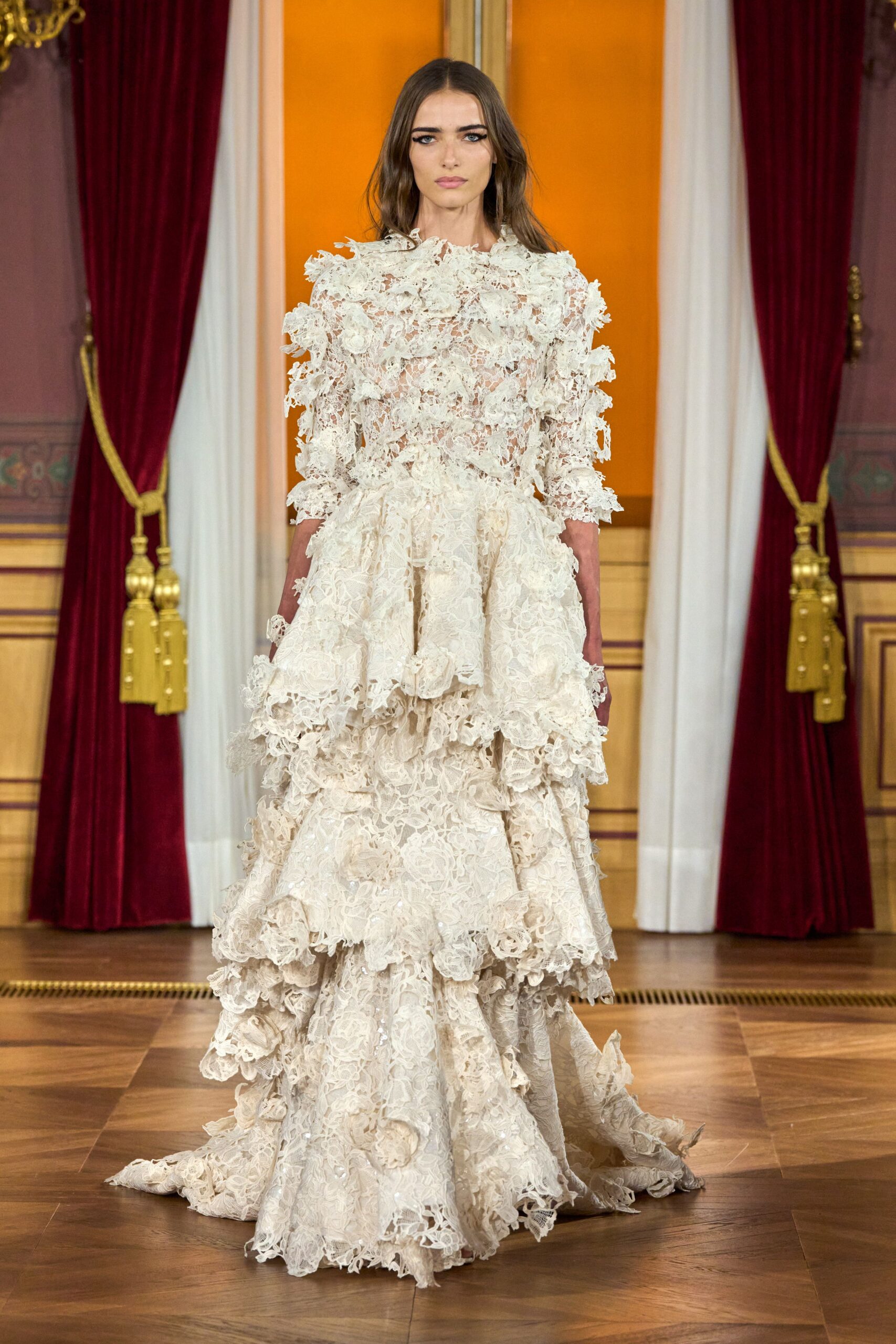 beige lace long-sleeve gown