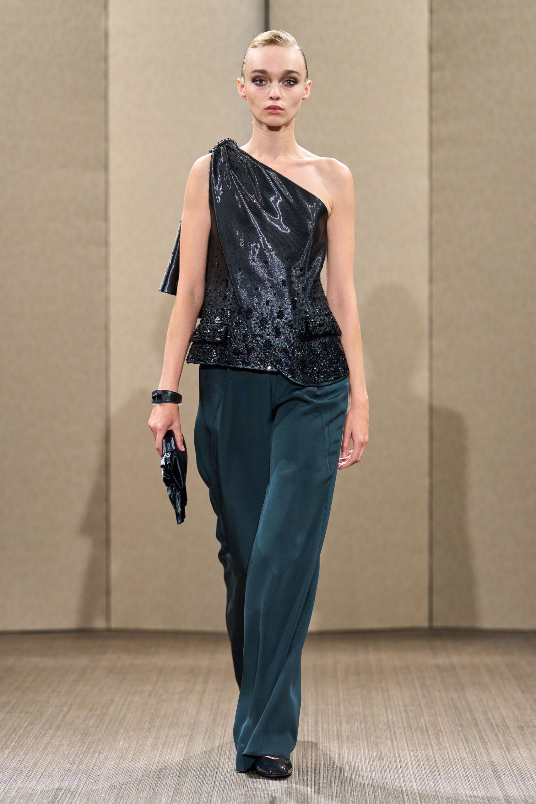 black silk sleeveless asymmetric fitted sequined shiny top