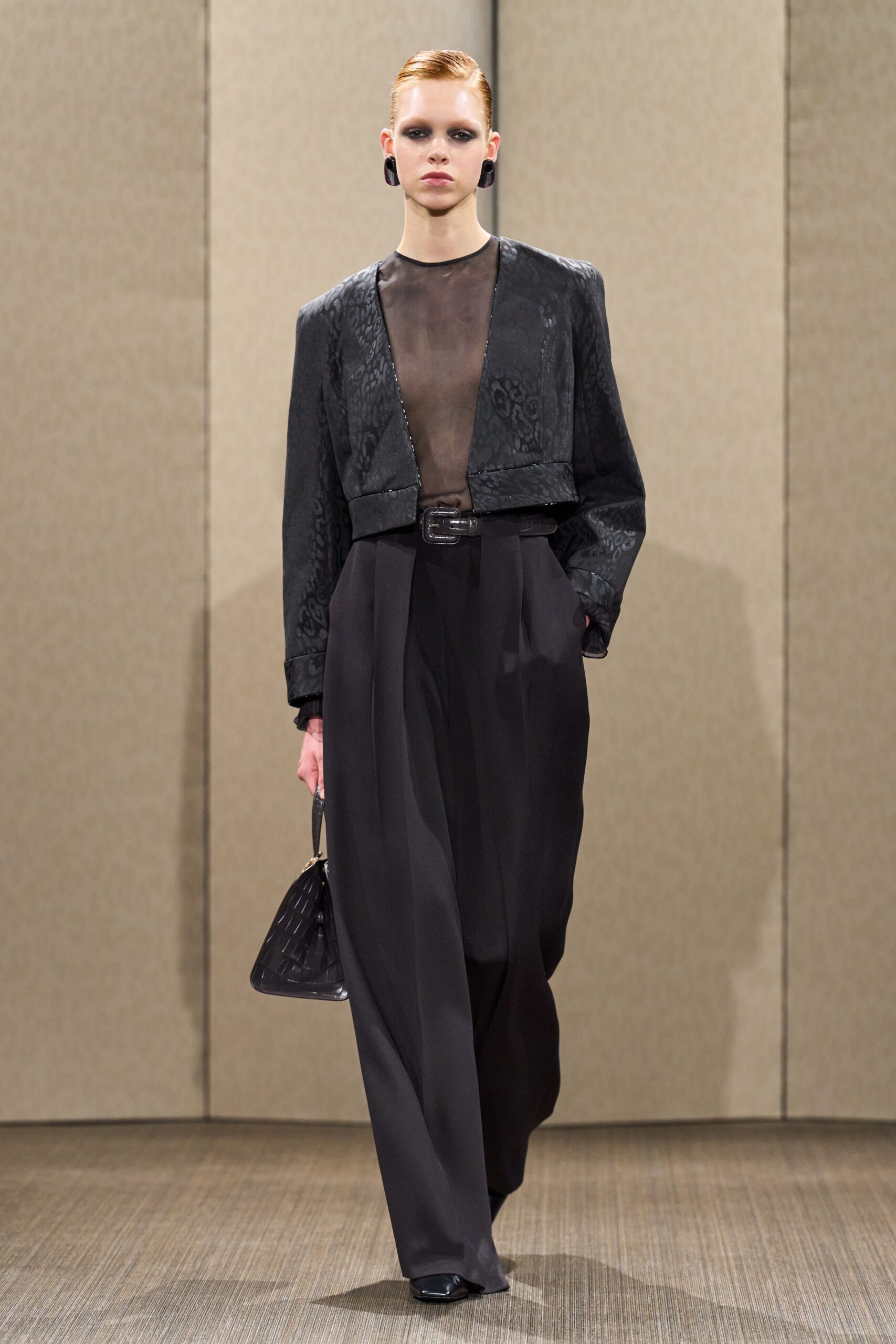 black silk long-sleeve collared structured embroidered jacket