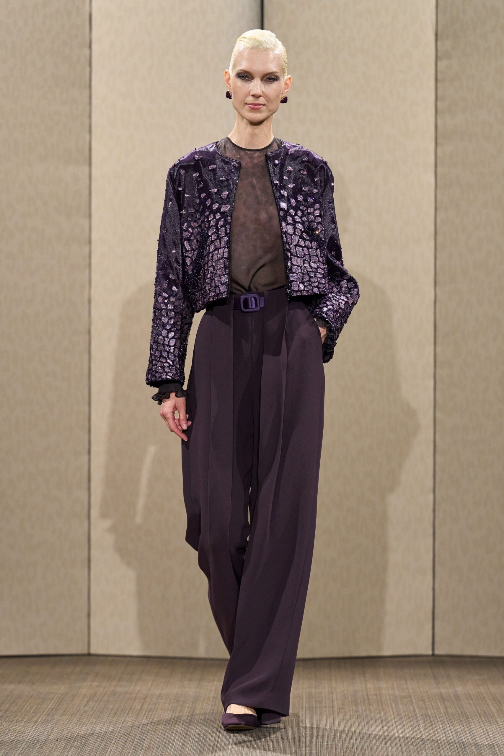 purple silk long-sleeve collared relaxed embellished shiny jacket