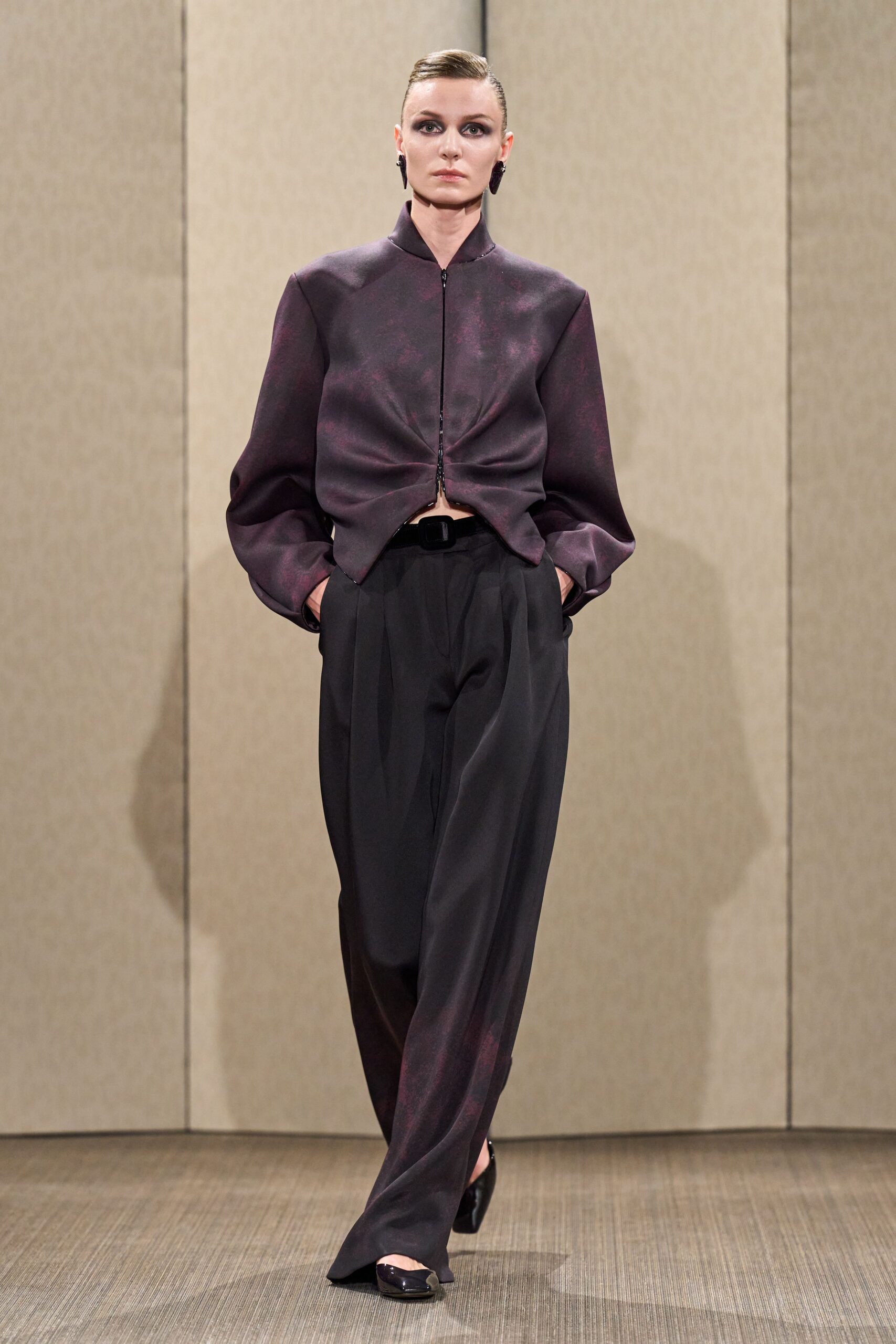 purple silk long-sleeve collared relaxed zippered jacket