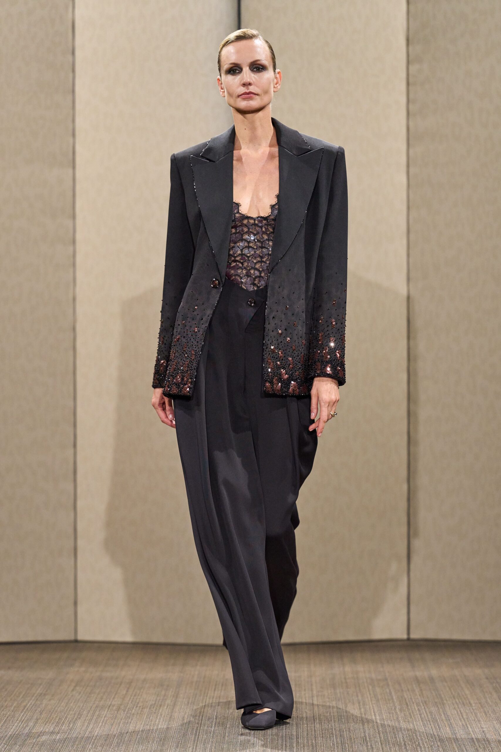 black silk long-sleeve collared tailored embellished blazer